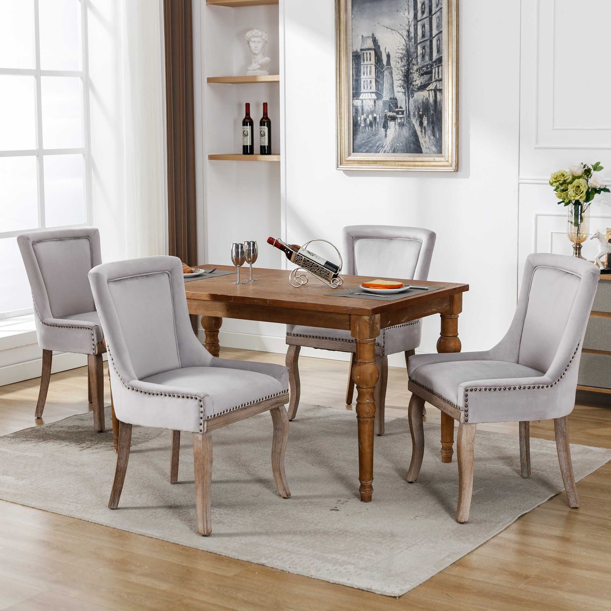 Sillas De Comedor De Lujo  Silla De Cocina, Silla De Salón, 4 Piezas Patas De Madera Maciza Tapizado De Terciopelo Gris 93885131