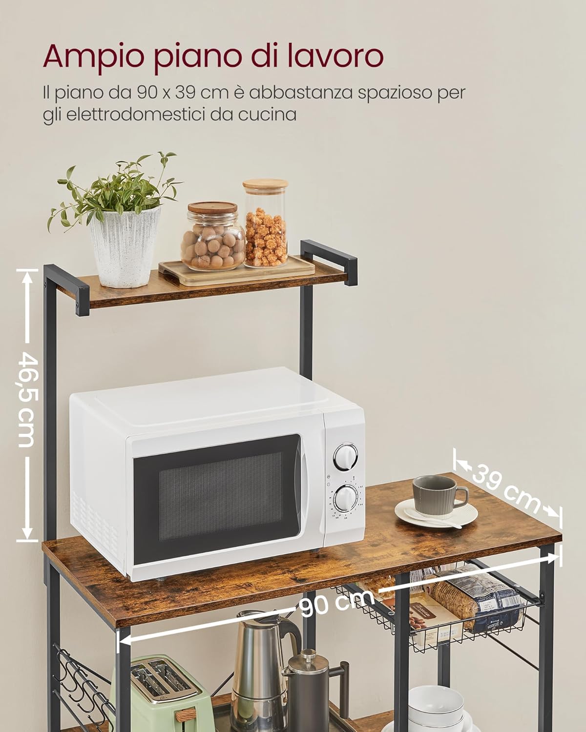 Scaffale Cucina con Cestino Metallo, 6 Ganci, Ripiani a S, per Microonde, Spezie, Pentole, Industriale - 3