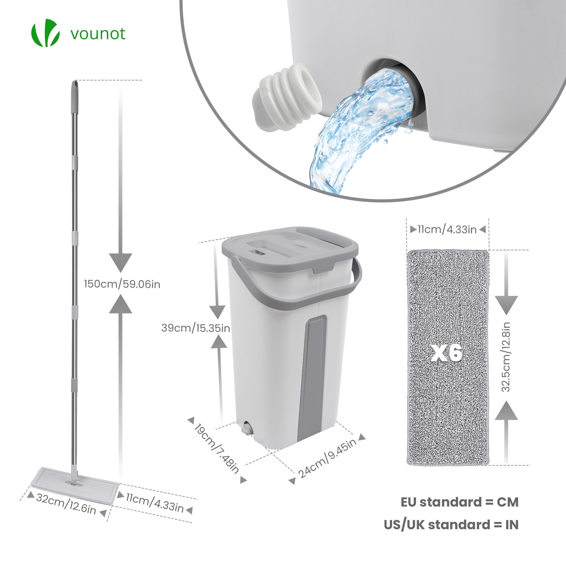 Balai plat microfibre avec seau essoreur auto-lavage double compartiment - 6 serpillères réutilisables - blanc - VOUNOT® - 6