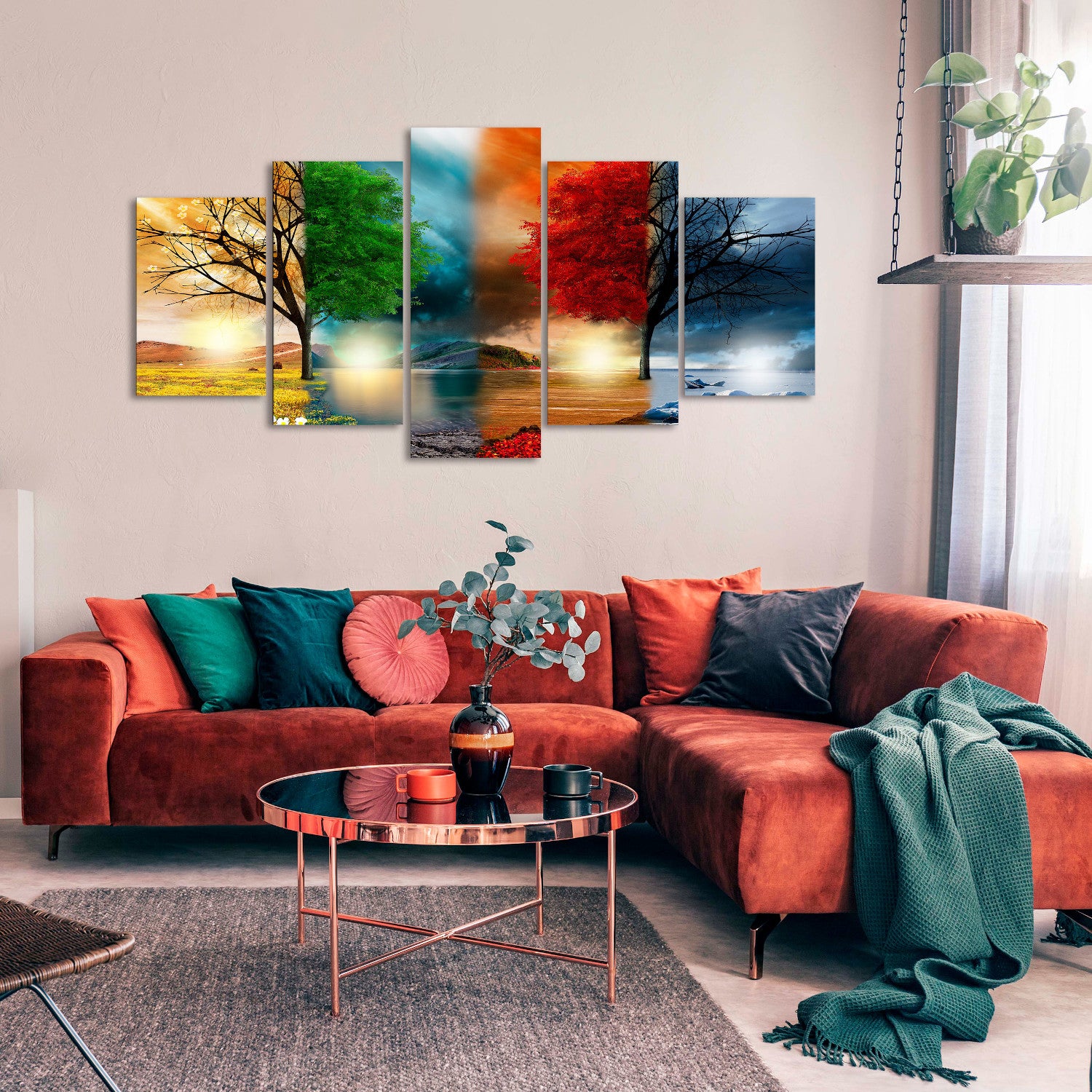 DekoArte - Impression Sur Toile Moderne | Décoration Salon Chambre | Paysage Quatre Saisons Arbres Rouges | 200x100cm - 4