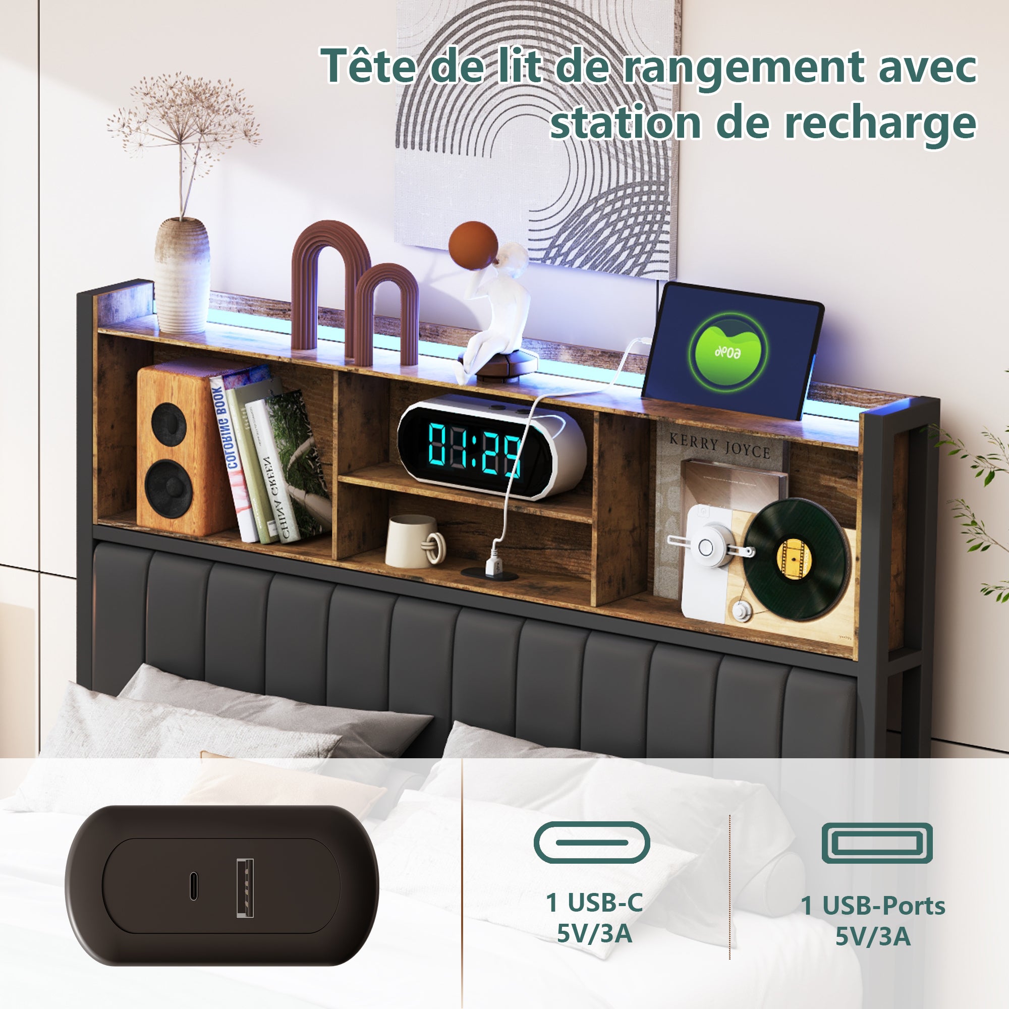 Lit double 160x200 cm avec LED, cadre métal, 2 tiroirs, tête avec rangement, sommier lattes - 6