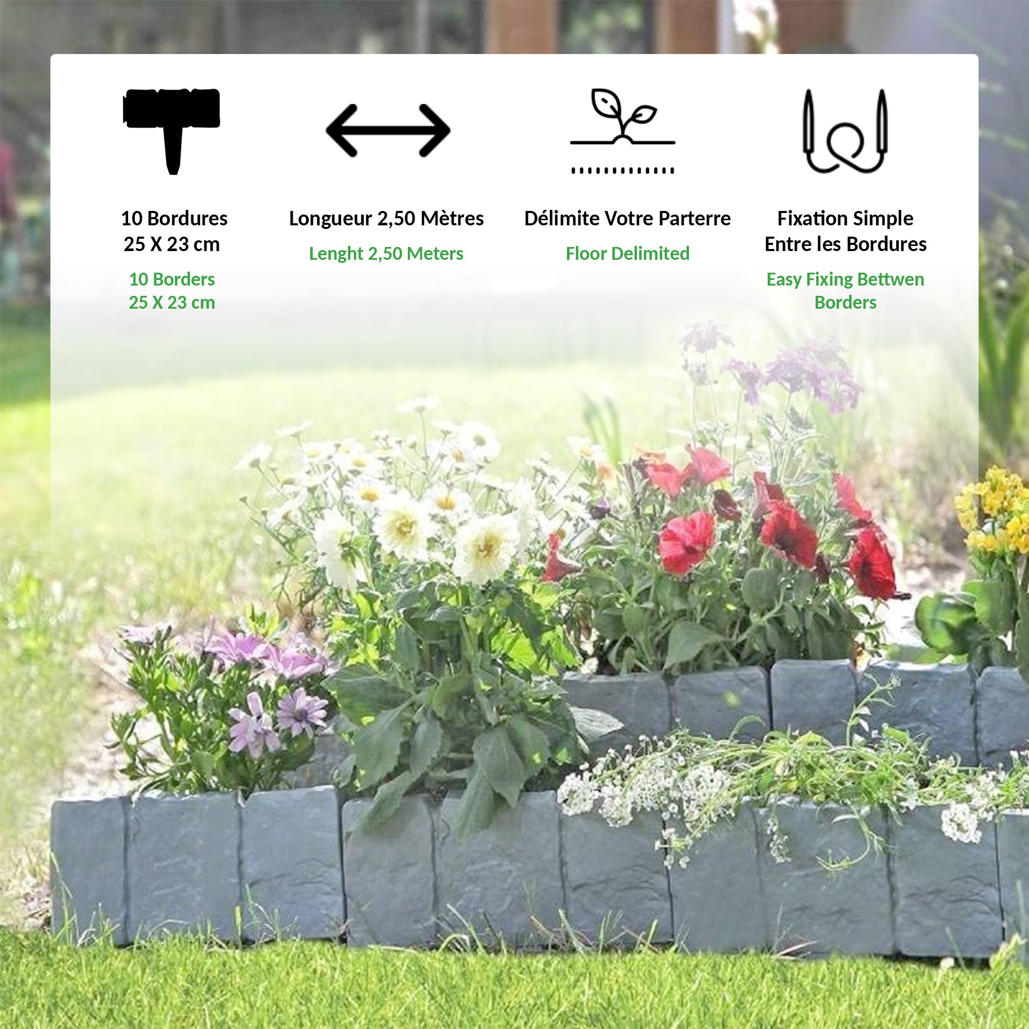 Lot de 10 - Module Bordure de Jardin Effet Pierre - 2.5 Metre lineaire - Rebord pour Clôture, Parterre, Plantation - Plastique Flexible - 25 x 10 CM - 3
