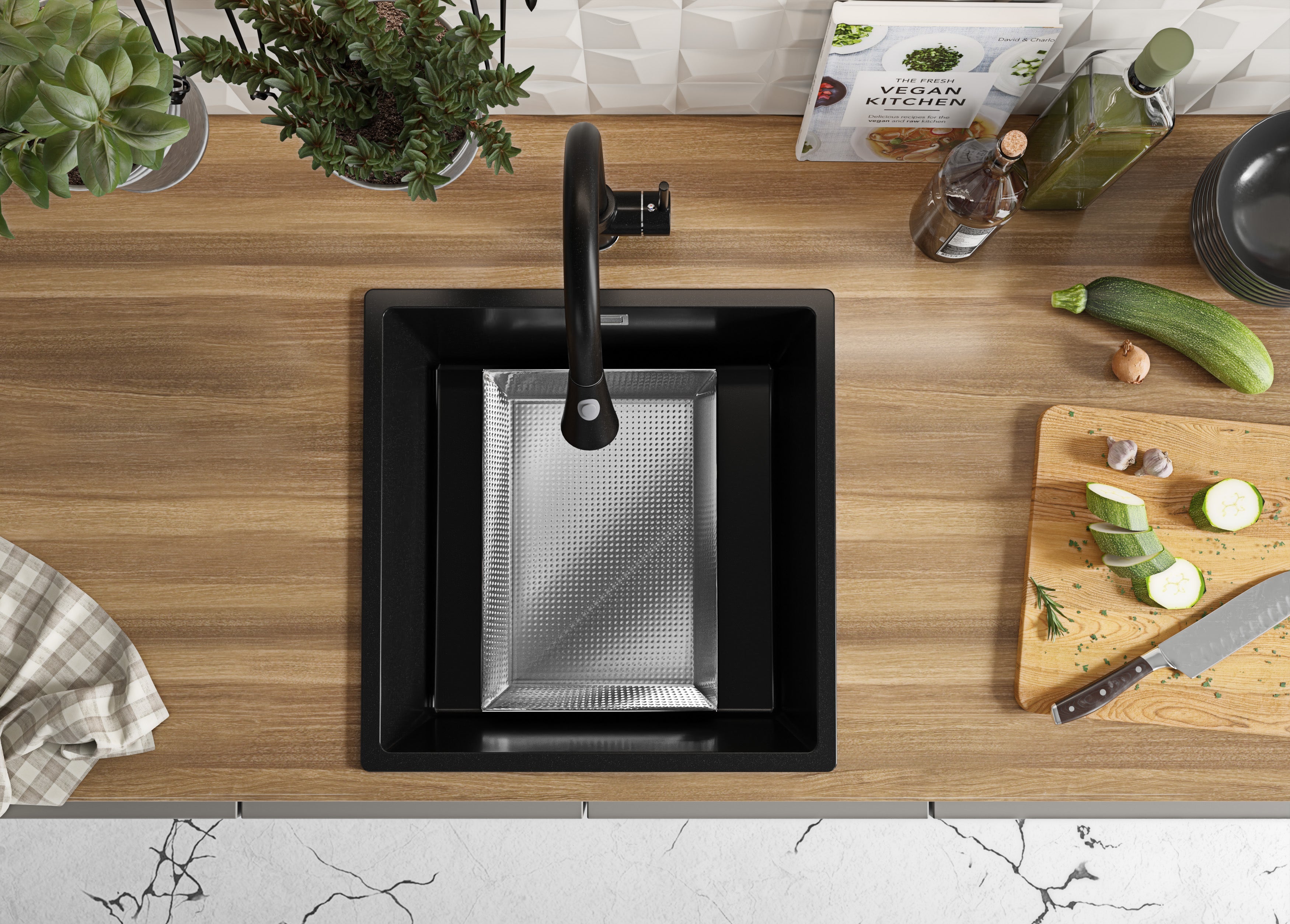 Evier Cuisine en Granit Noir 46x47cm, Lavabo 1 bac + Kit de Vidage, Évier à Encastrer au meuble 50cm - London Slim PRIMAGRAN - 4
