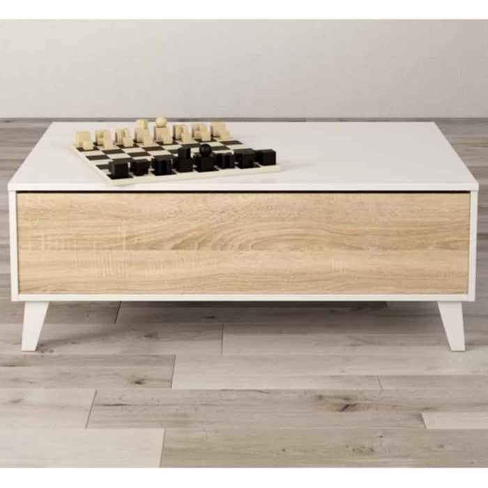 Table basse ABBY avec panneau central relevable L100cm x P68cm - Blanc / Bois - 2
