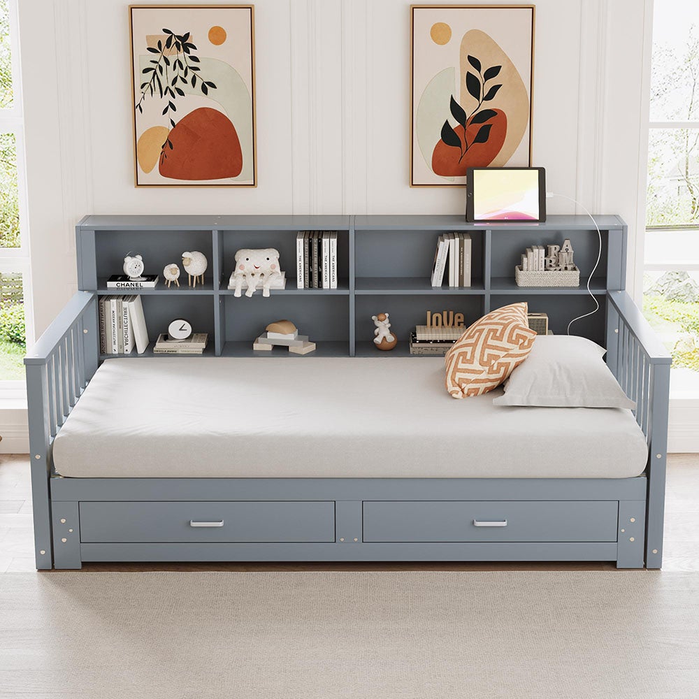 Lit combiné lit extensible bois massif 90/180x190 cm armoire de rangement avec 2 tiroirs en pin gris - 8