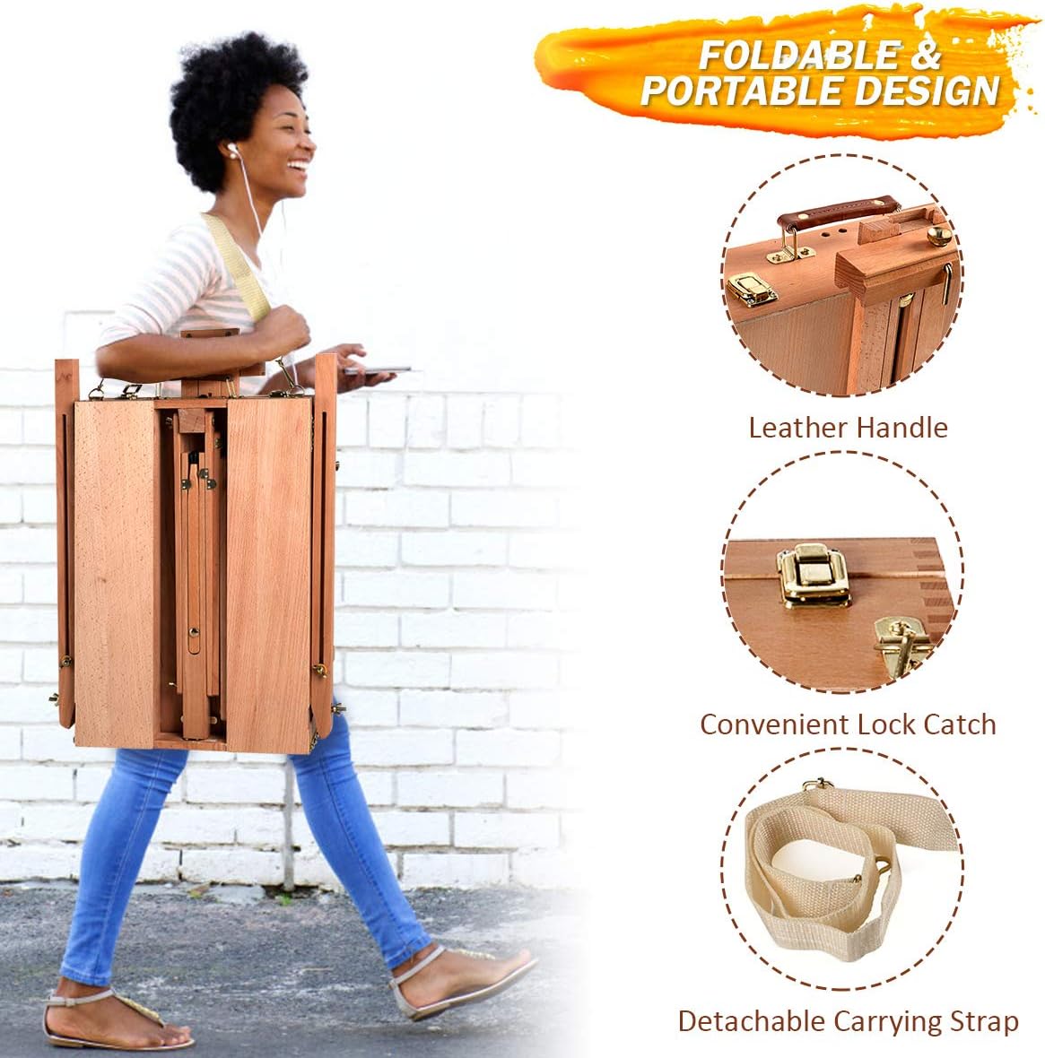 Chevalet Bois Pliable 180CM avec sangle de transport, Chevalet de Table avec Palette, Tiroir, pour Châssis jusqu'à 86 cm, pour Enfants et Adultes - 6