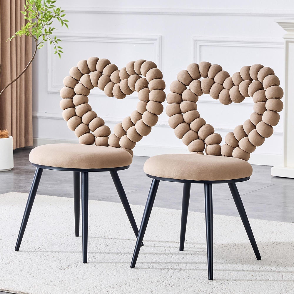 Krzesła do jadalni z aksamitu (zestaw 2 sztuk), oparcie z trójkątnym wycięciem, nogi z pomalowanego na czarno metalu, kolor camel
