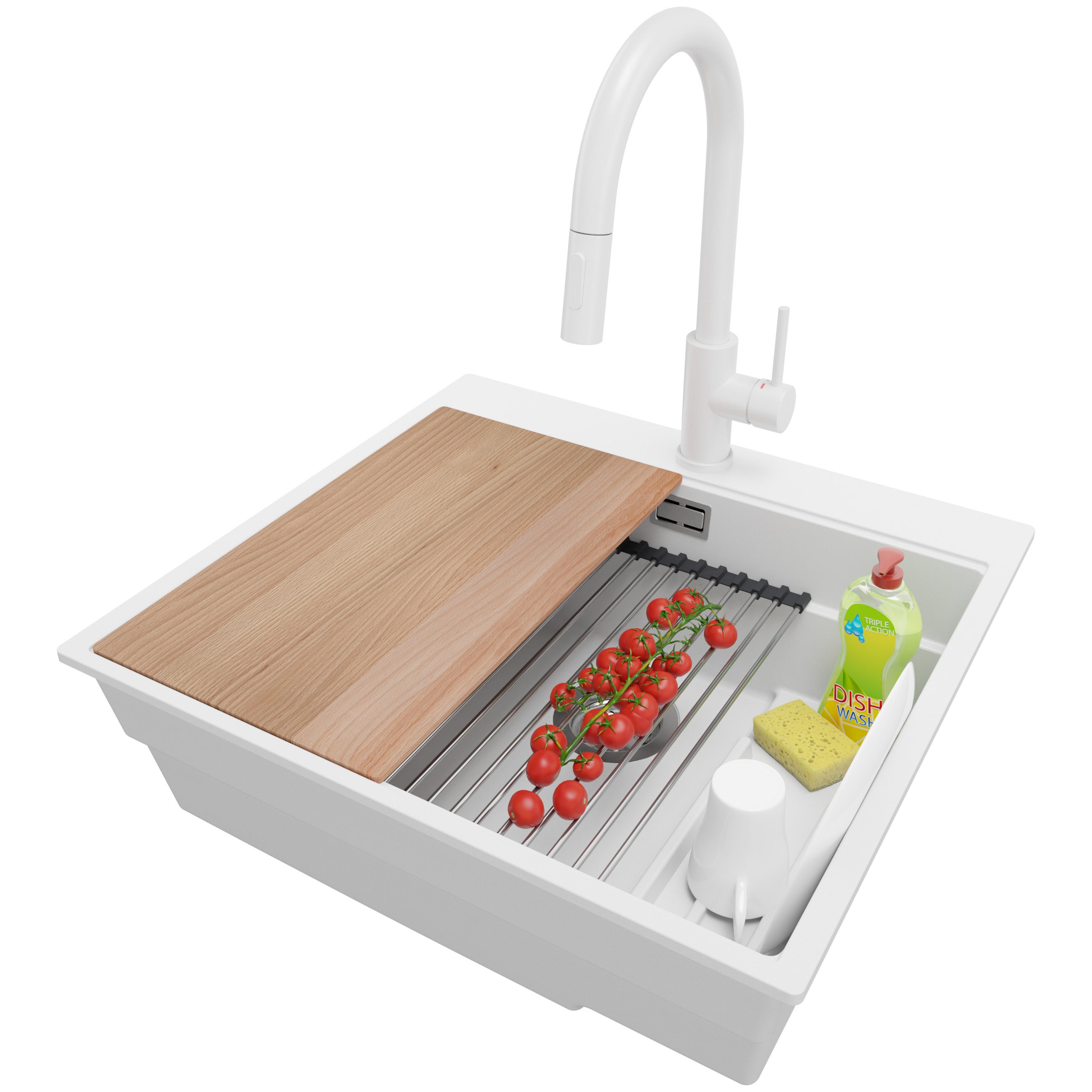 Zlewozmywak Granitowy Biały 58x53cm, Zlew Kuchenny 1 Komorowy + Bateria 40x20cm + Syfon + Akcesoria, Nablatowy do szafki od 60cm - Oslo Max PRIMAGRAN