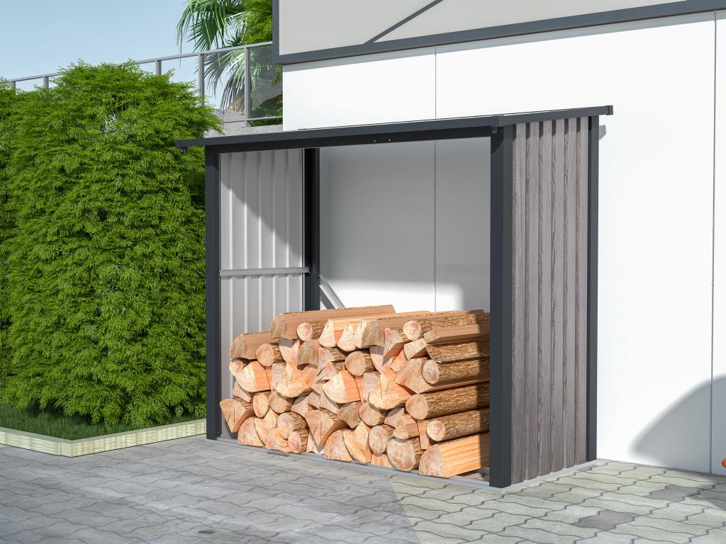 Wiata na drewno opałowe metalowa ze stali galwanizowanej drewnopodobna 1,98 m3 – 2 stery drewna – 182 × 89 × 156 cm (dł. × szer. × wys.) – BIRWOOD