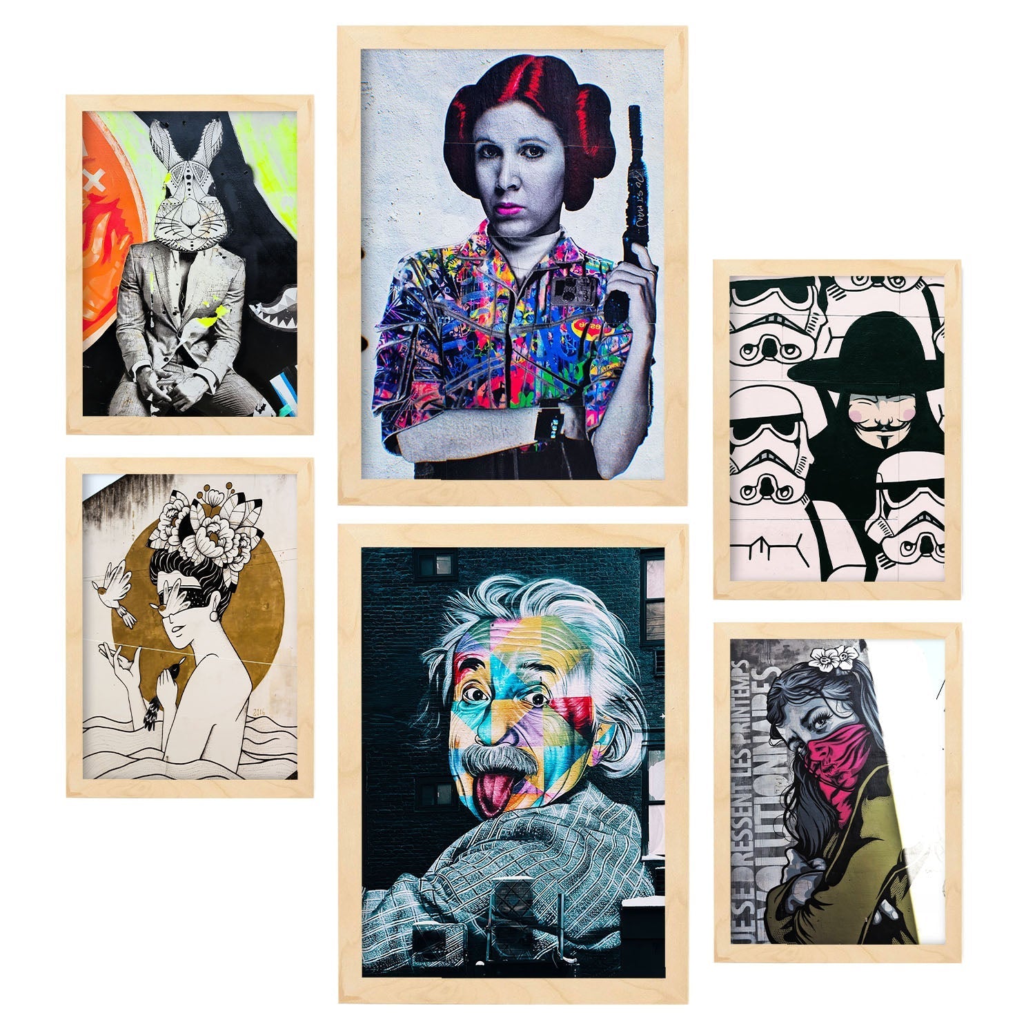 6 pósteres fotograficos graffiti callejero impresion mural arte pop urbano láminas decorativas modernas banksy a3 y a4 con marco madera clara