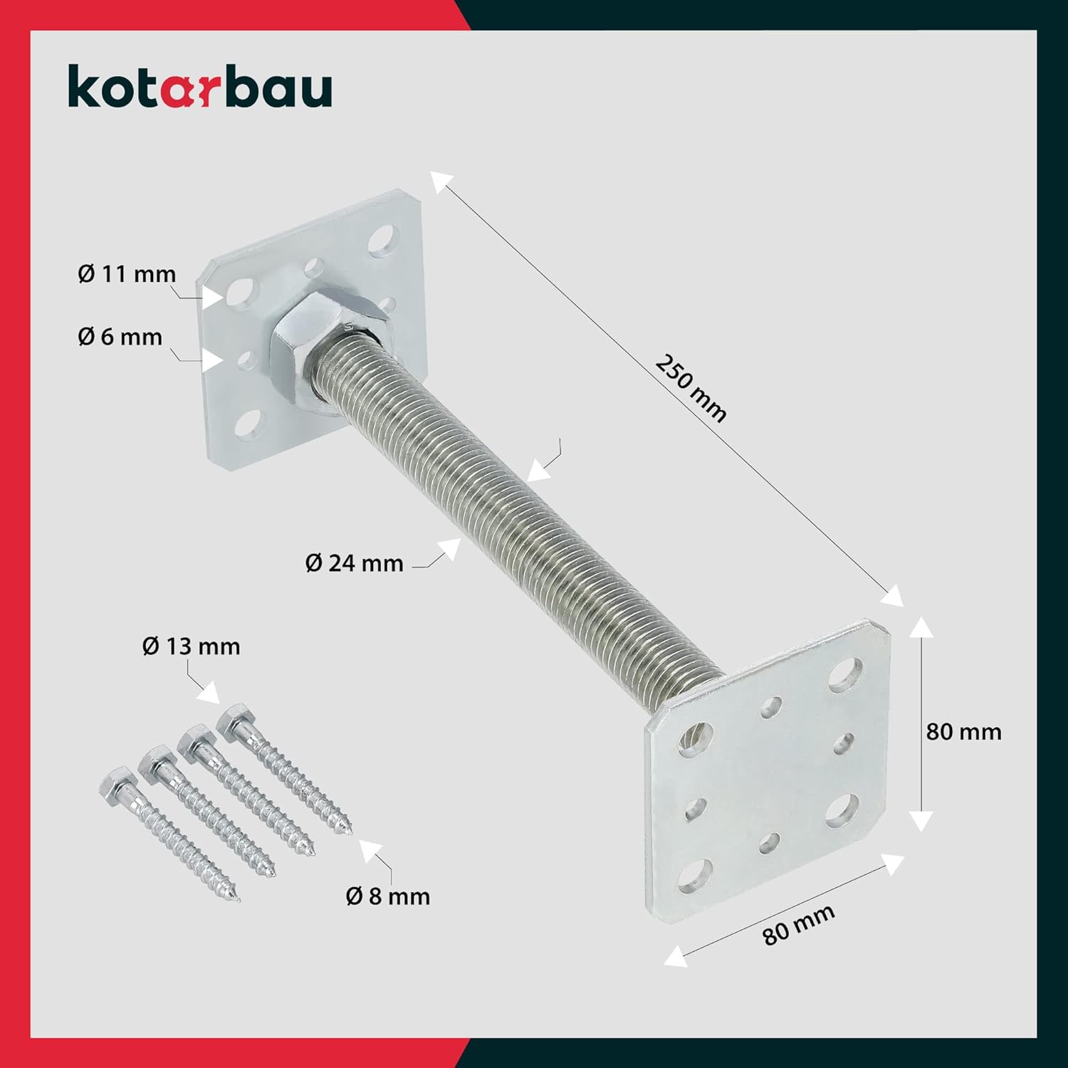 Lote de 2 soportes para poste para atornillar 80x80x250 mm en acero galvanizado - 2x Pie de poste - KOTARBAU - 3