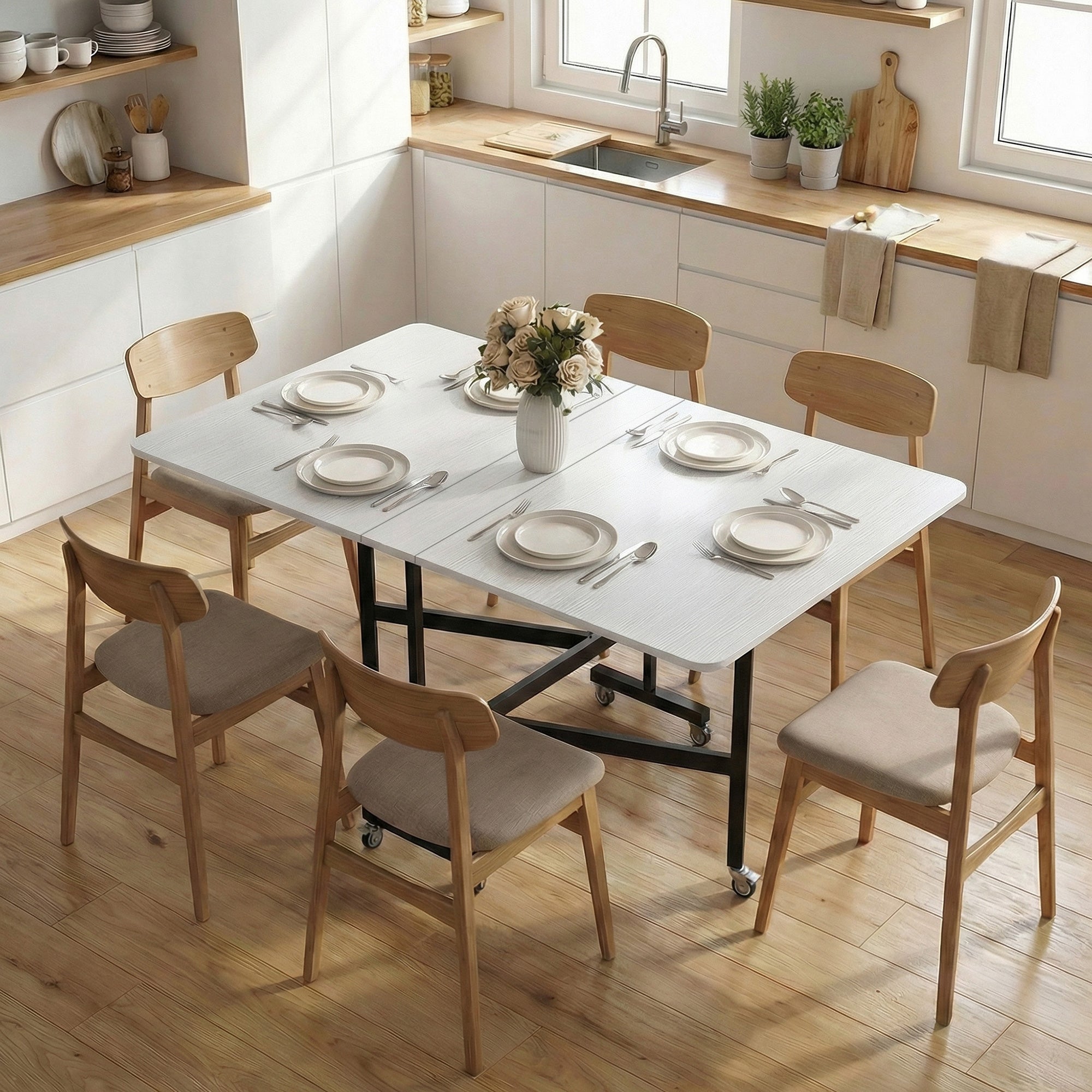 Table pliante mobile à 6 roues avec freins, table de cuisine pliable ...