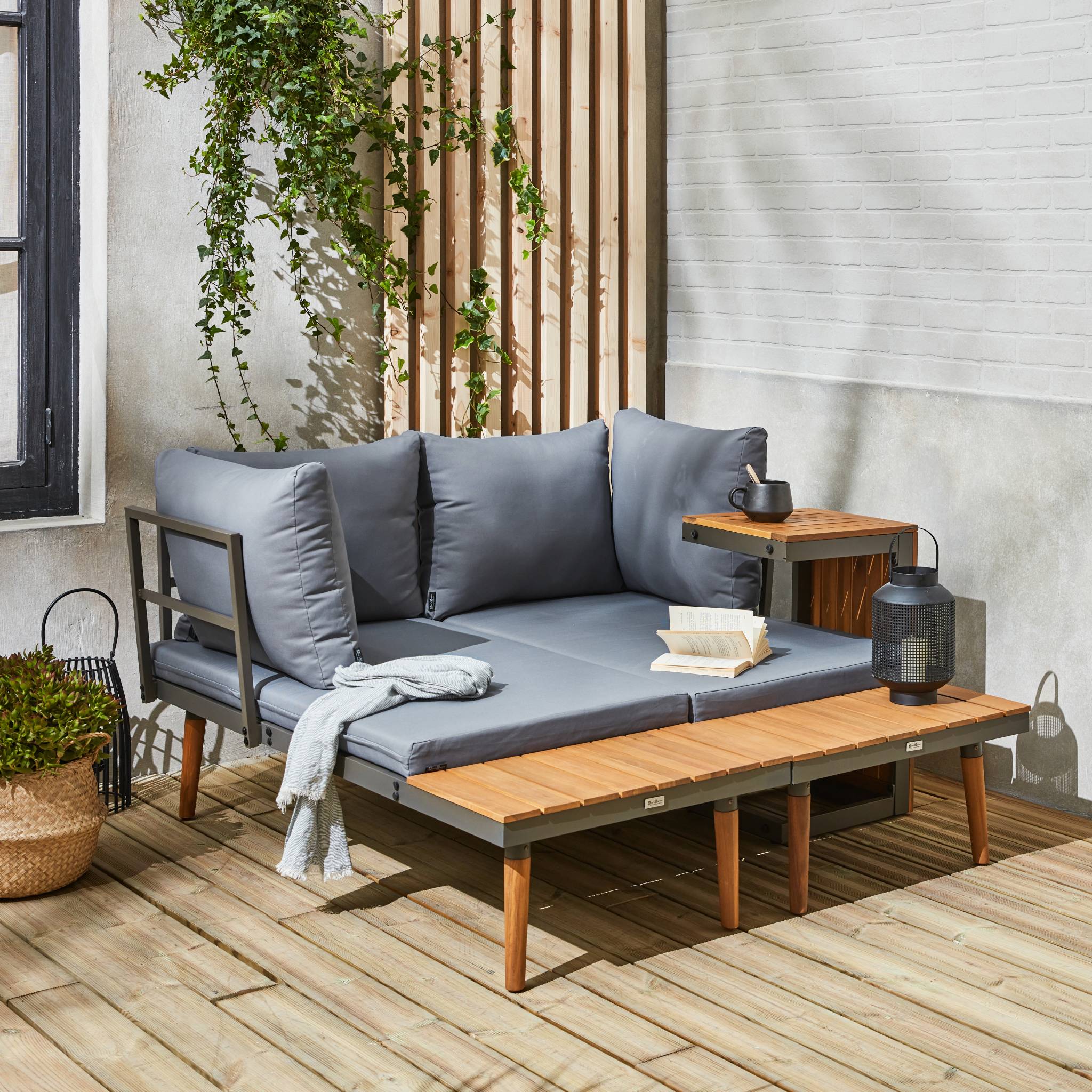 Salon de jardin anthracite et gris modulable en aluminium et bois d'acacia. 4 places. Sao Paulo. 140 x 68 x 65cm SAO - 4