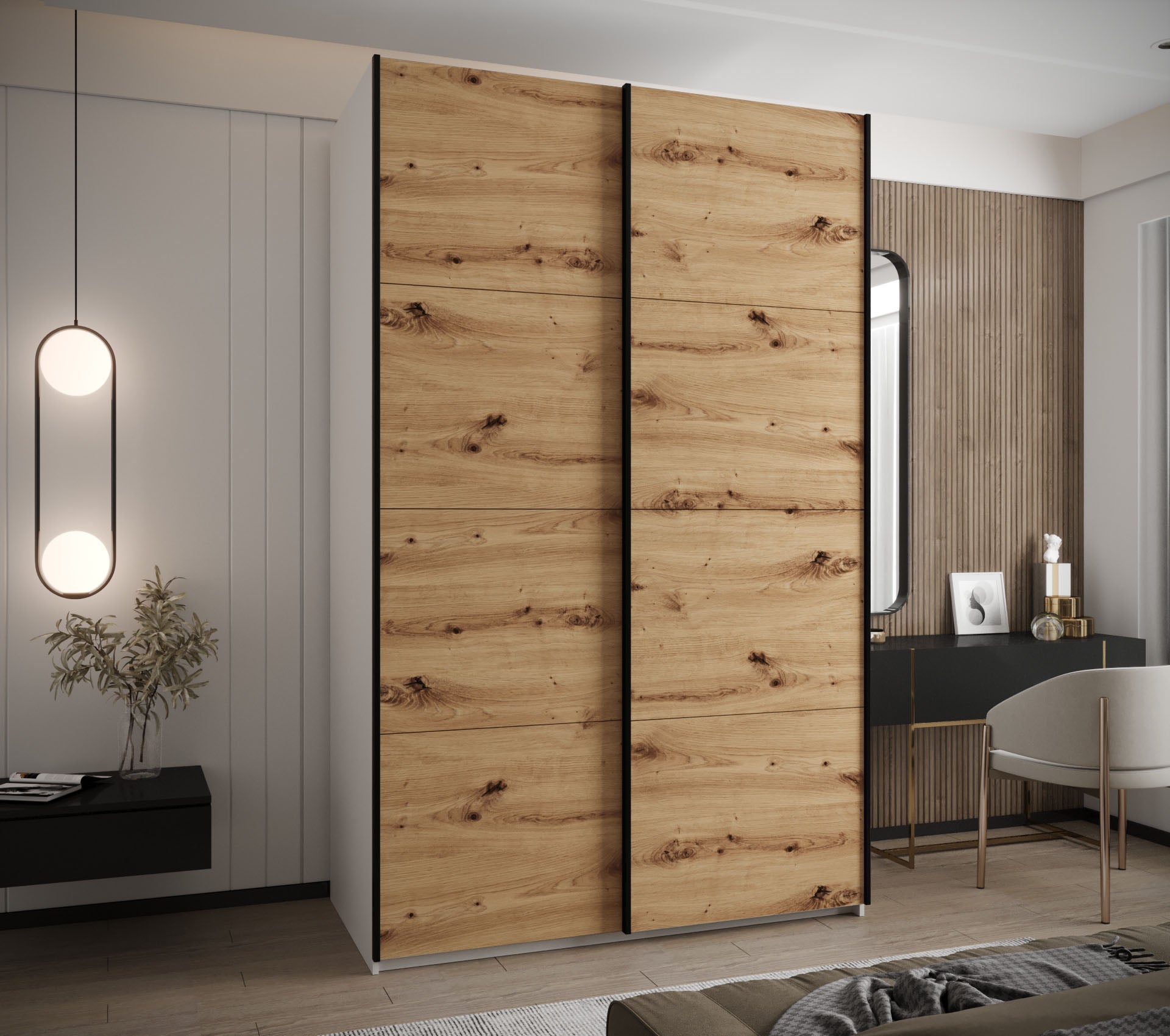 Szafa przesuwna wysoka Lux 1 150 x 64 x 245,5 cm biały + artisan + u. czarny - Abiks Meble - 2