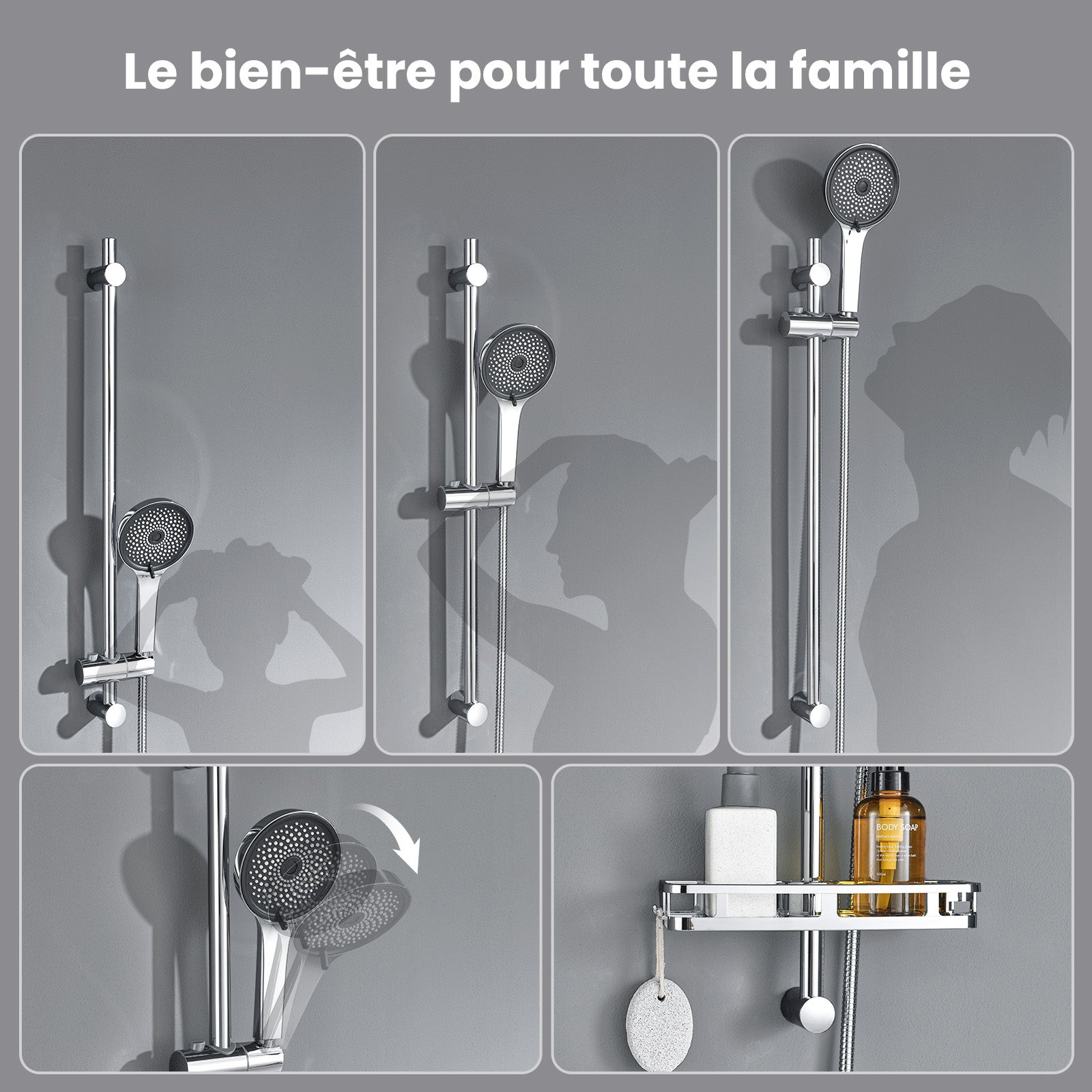 Auralum max Barre de Douche en Acier Inox avec Douchette 5 Jets,Réglable 700mm,Support Coulissant à 360°, Étagère de Rangement Incluse,Chrome - 2