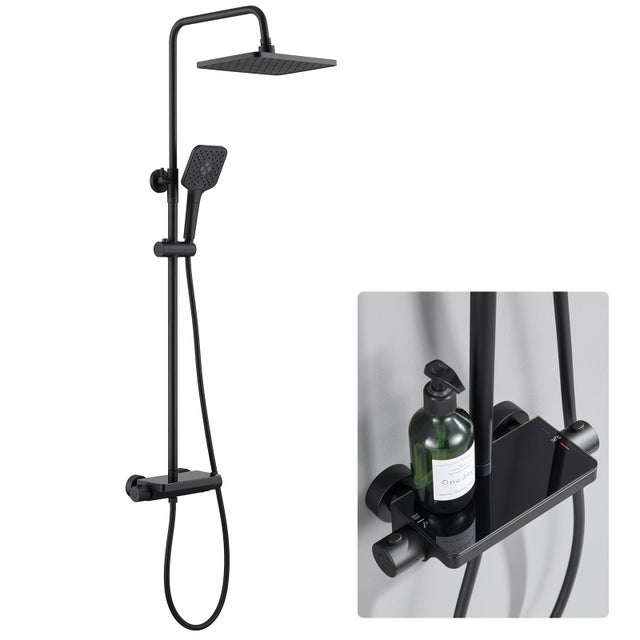 Colonne douche thermostatique 38°C noir avec tablette verre trempé,réglable hauteur 88–124.5 cm,système douche complet salle de bain moderne