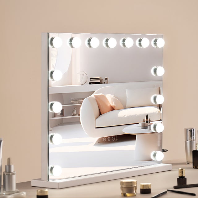 Specchio Trucco Hollywood VEVOR con Specchio Ingranditore 5X, 15 Lampadine LED Dimmerabili, 3 Modalità Colore, Porta USB, Controllo Touch, 580x458 mm