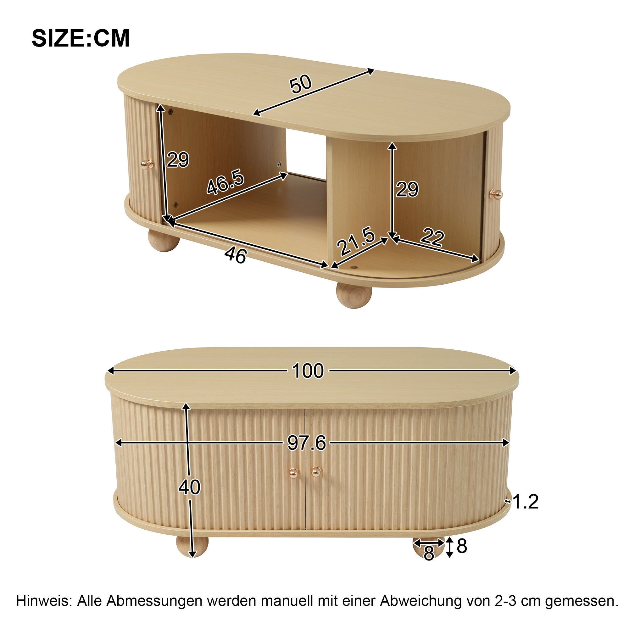 Table basse ovale avec 2 portes coulissantes et compartiment - 100 x 50 x 40 cm - Bois MDF - Couleur bois - 4