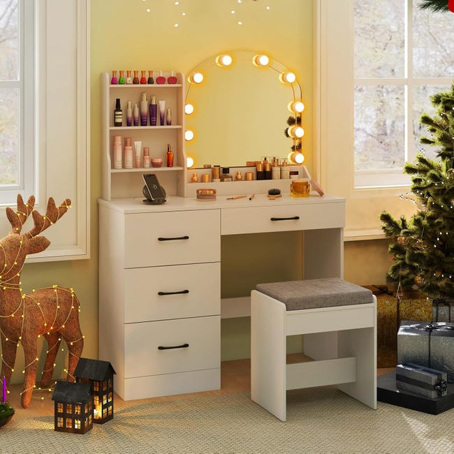 COSTWAY Toeletta da Trucco con Luci, Set Tavolo e Sgabello da Trucco con Stazione di Ricarica, Luci LED a 3 Colori, 2 Cassetti e Ripiani Aperti, Consolle Toeletta con Supporto per Asciugacapelli COSTWAY Toeletta da Trucco con Luci, Set Tavolo e Sgabello da Trucco con Stazione di Ricarica, Luci LED a 3 Colori, 2 Cassetti e Ripiani Aperti, Consolle Toeletta con Supporto per Asciugacapelli