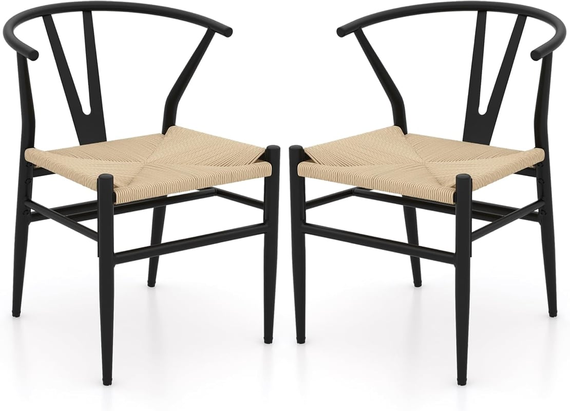 Zestaw 2 Krzeseł do Jadalni, Kuchni, Salonu, Sztaplowanych, z Oparciem i Szerokim Siedziskiem z Rattanu, Maksymalne Obciążenie: 150 kg