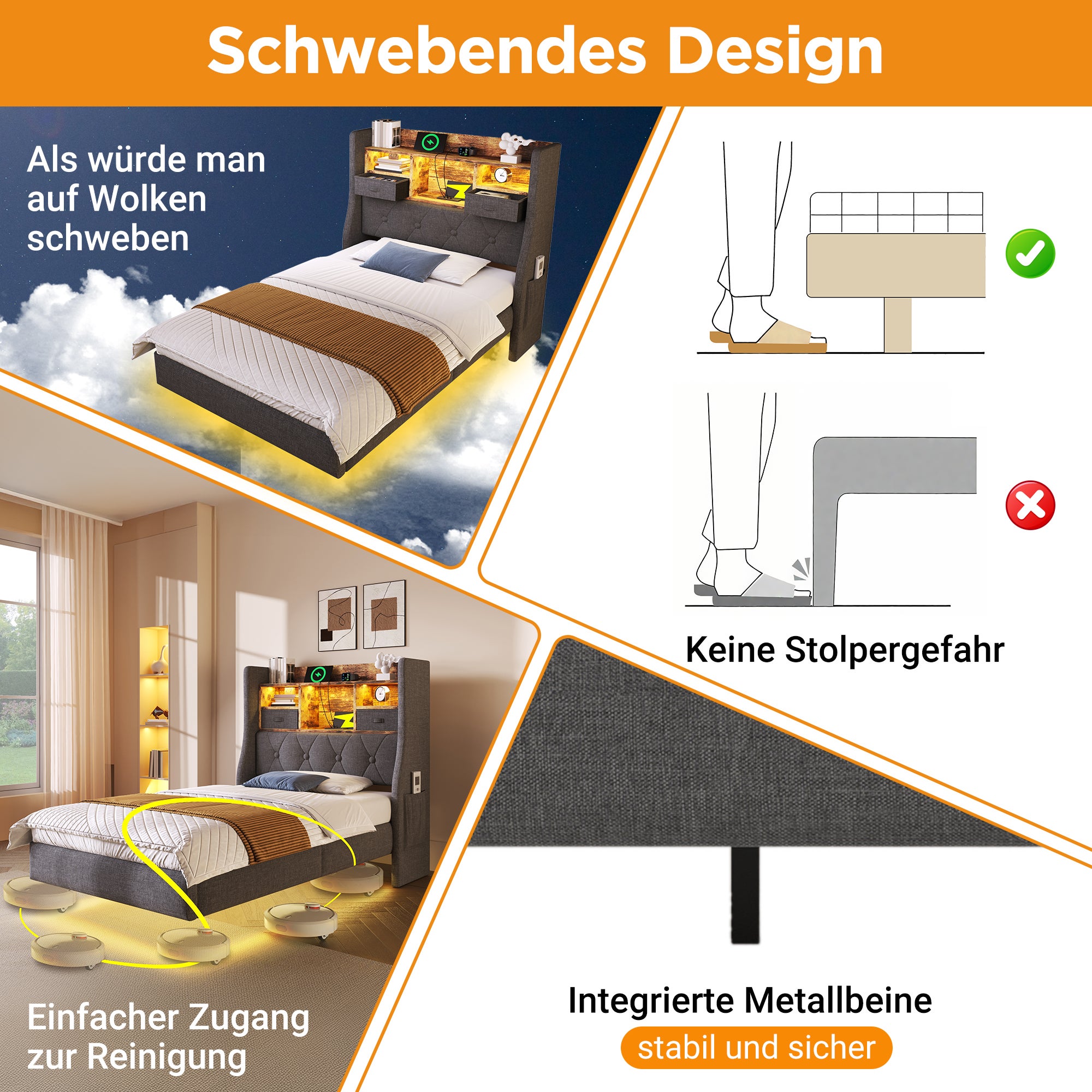 Łóżko tapicerowane 90 x 200 cm z zagłówkiem ze schowkiem - Gniazdo USB i typu C - Tkanina lniana - Diody LED - Szare (bez materaca) - 4