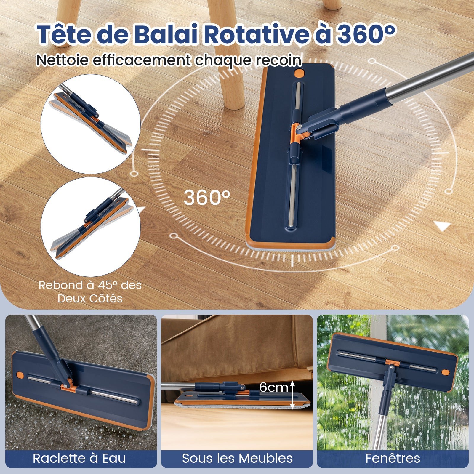 Kit Balai Serpillère Seau Essoreur Balai Auto Séchant Microfibre Plat