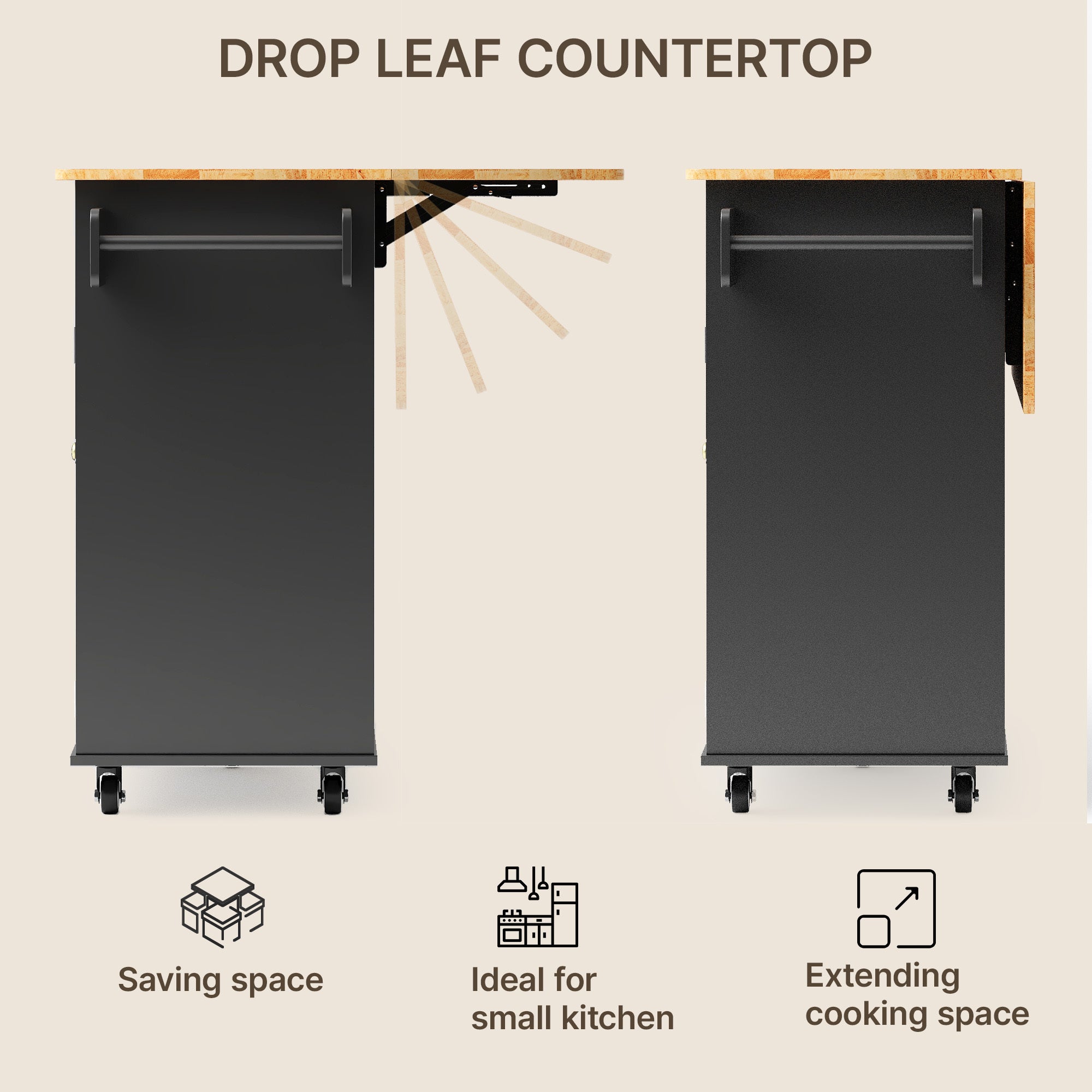 Îlot de cuisine mobile avec 3 portes et 1 tiroir, plateau extensible 130x45(75)x88 cm, MDF noir et naturel, Bealife - 4