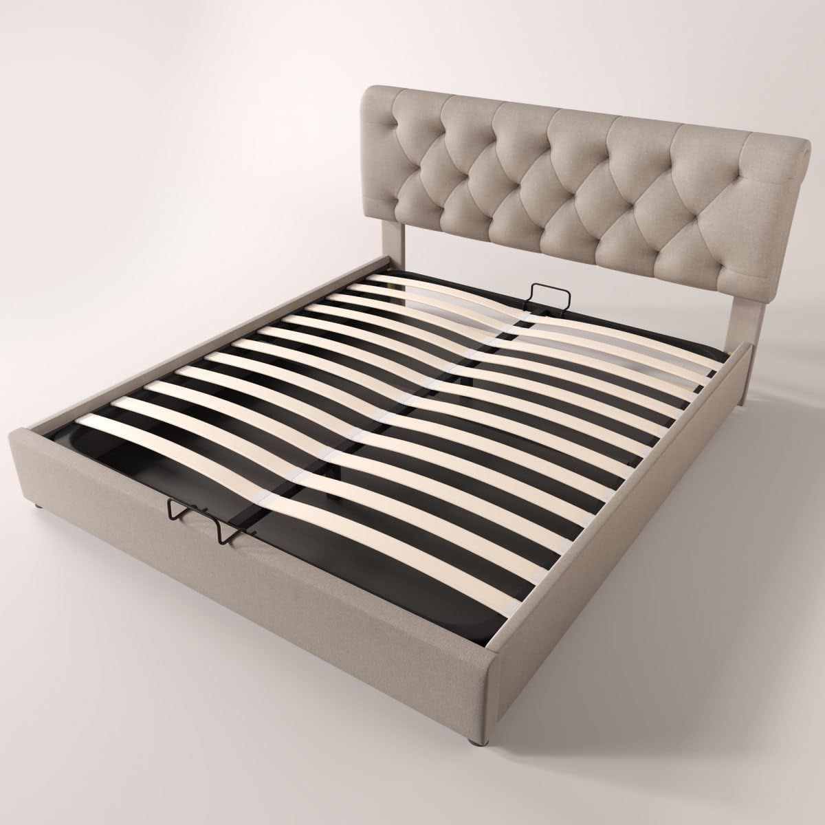 KOMHTOM Lit capitonné 160 x 200 cm, Lit double avec sommier à lattes en métal avec fonction hydraulique et rangement - Gris (sans matelas) - 7