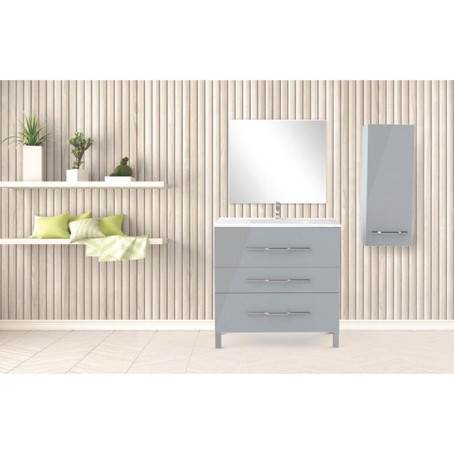 Ondée - Meuble à poser 90 cm laqué brillant gris cendré simple vasque trois tiroirs - ALAN AYOR