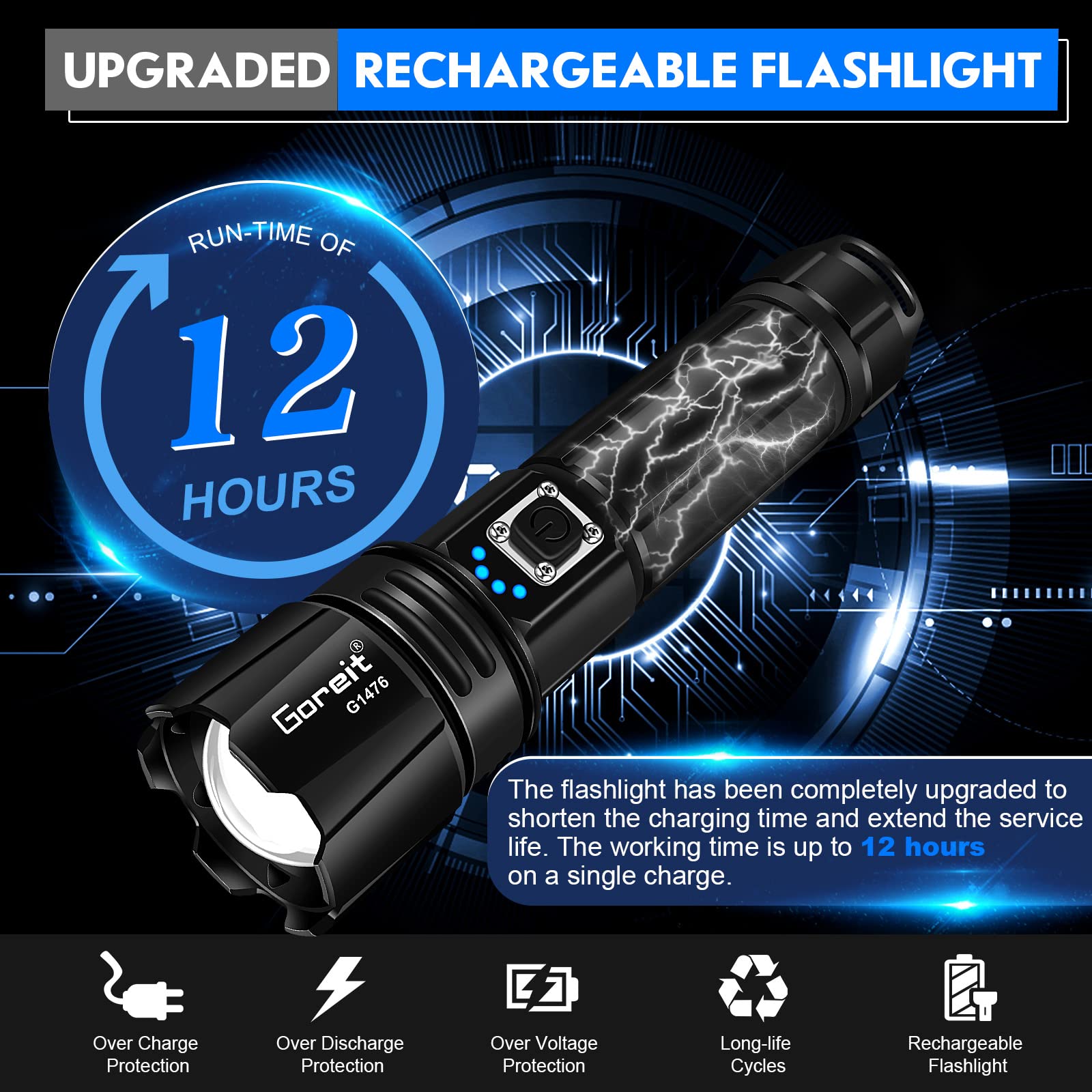 Lampe Torche LED, 2000000000LM Lampe de Poche Rechargeable, Lampe Torche Tactique, 50000mAh Batterie, IPX6 Étanche, 5 Modes & Zoomable - 3