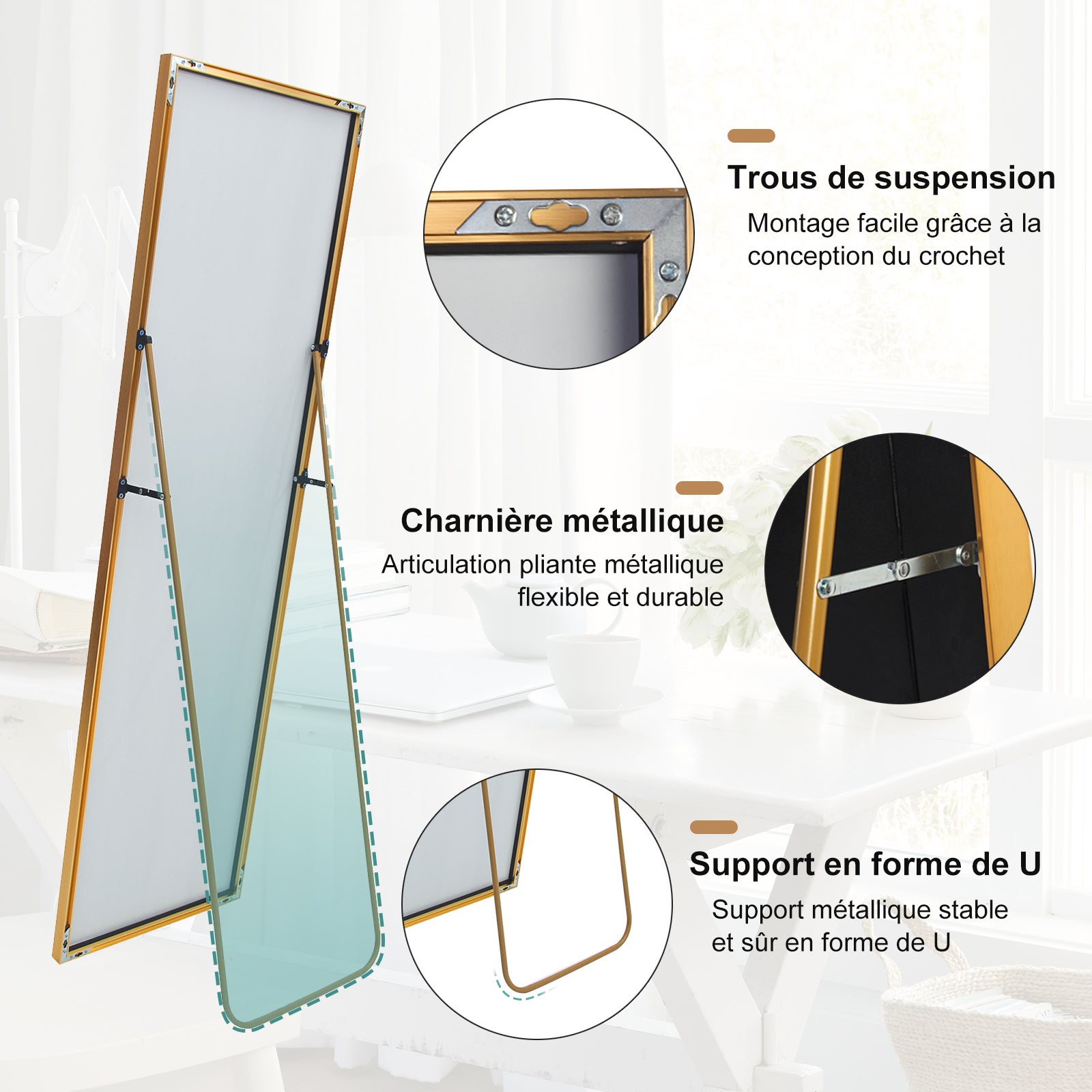 Miroir sur pied pleine longueur, 162 x 53 cm, Doré HD, cadre en alliage d'aluminium, miroir mural en verre trempé, idéal pour la chambre, le dressing - 4