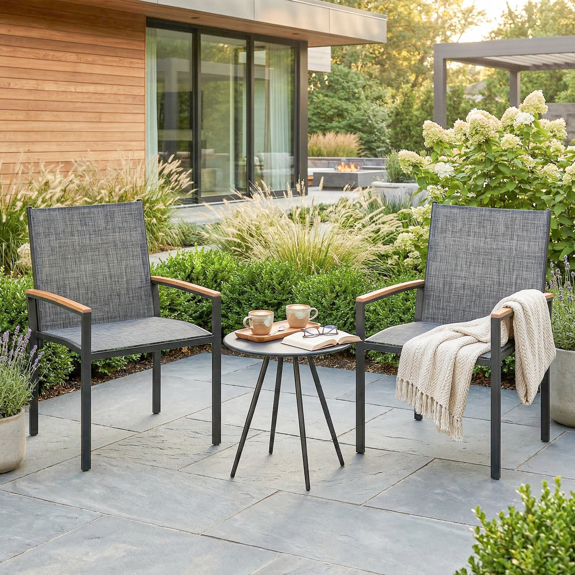 Ensemble bistrot 3 pièces chaises table filet, gris mélangé - 3