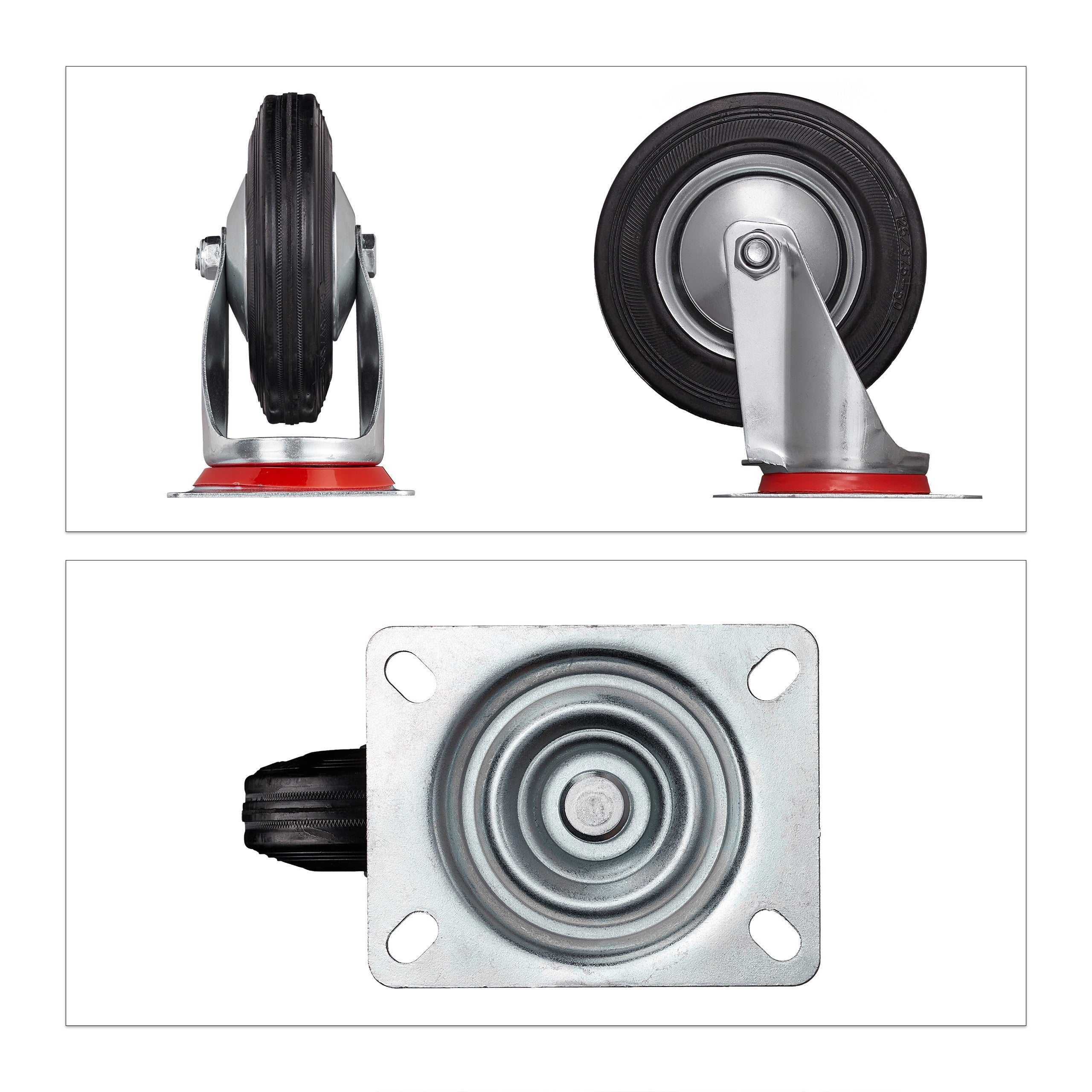Roues charge lourde jeu de 4, pivotent à 360°, roulement à billes, 2 freins, capacité 320 kg, 125 mm, noires, Relaxdays - 8