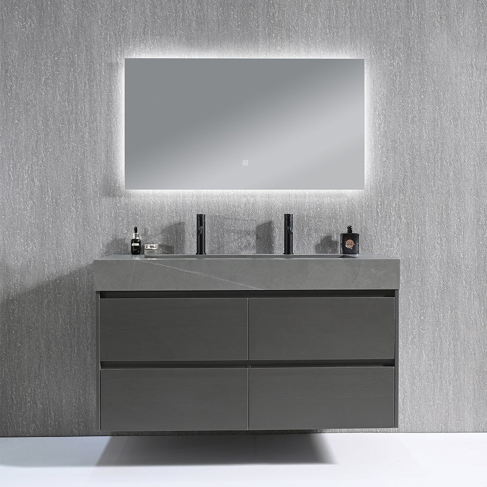 Meuble salle de bain double vasque 120cm gris et effet marbre gris avec miroir LED LB-8476G-120 - 2
