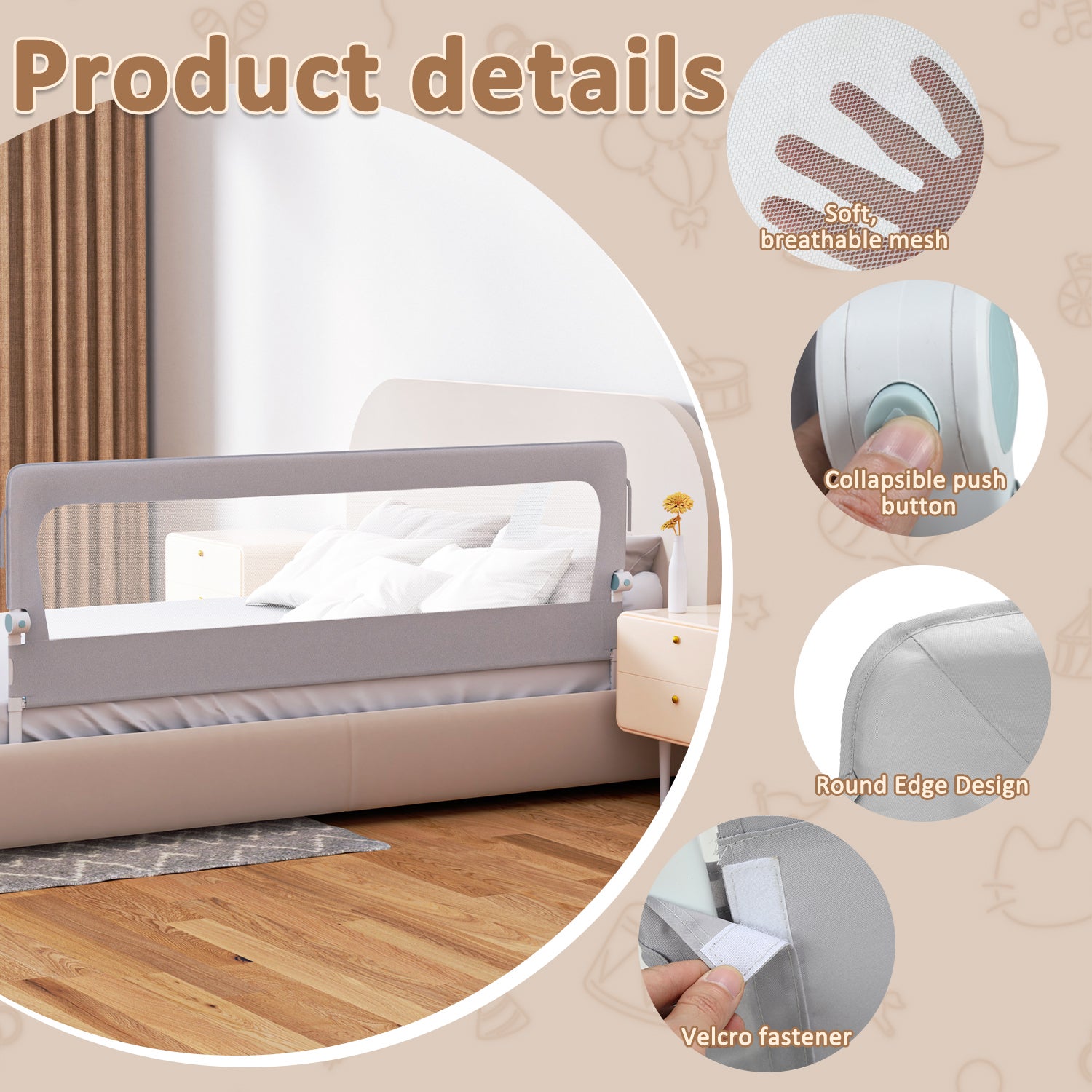 200CM Barrière de lit Barrière de sécurité de lit d'enfant pliable Barrière de protection Oxford Angle 0°-180° Gris - 4