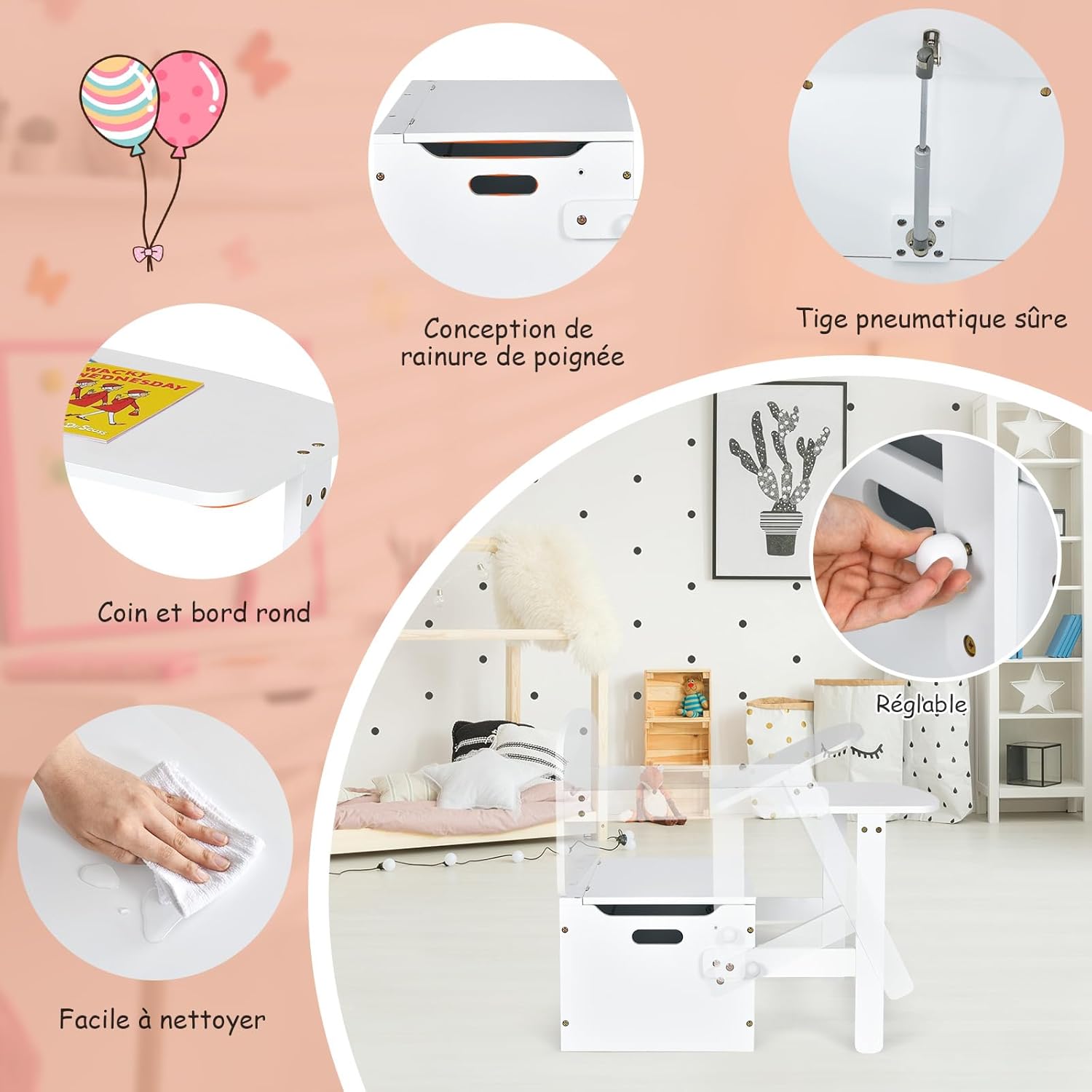 Table Chaise Enfant 3 en 1, Banc Coffre a Jouet Enfant en Bois avec Couvercle, Dossier, Boîte de Rangement, Table d'Activités pour 3-7 Ans (Naturel) - 9