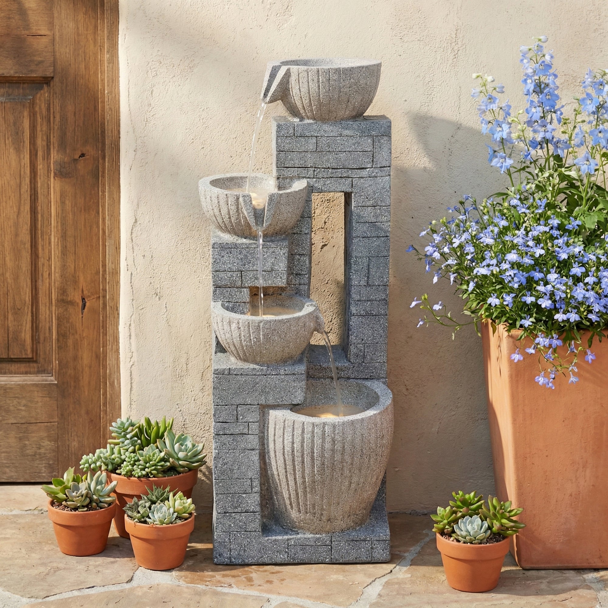 Fontanna ogrodowa z żywicy imitującej kamień, z oświetleniem LED - 31,5 x 29 x 80 cm - pompa 355 l/h - szara