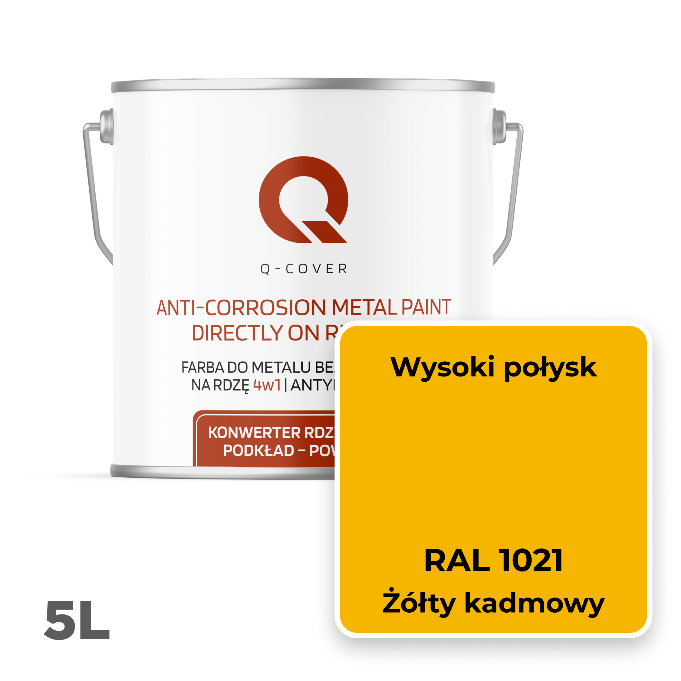 Farba do Metalu Prosto na Rdzę 4w1 Q-Cover Żółty kadmowy RAL1021 Wysoki Połysk 5L - 2