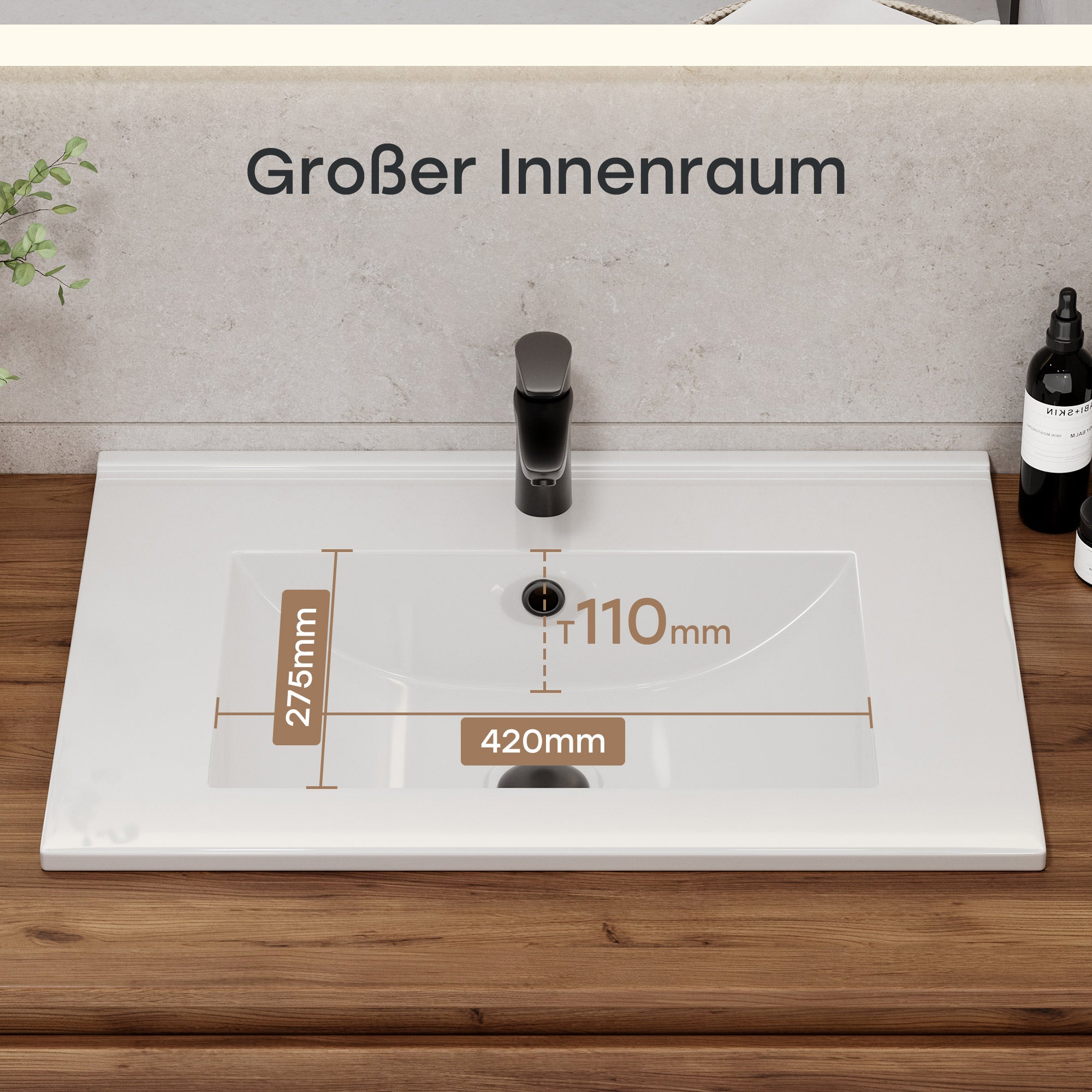 HOROW Lavabo rettangolare da incasso in ceramica, largo 60 cm, per mobile base, con troppopieno, ideale per bagni ospiti e piccoli bagni - 3