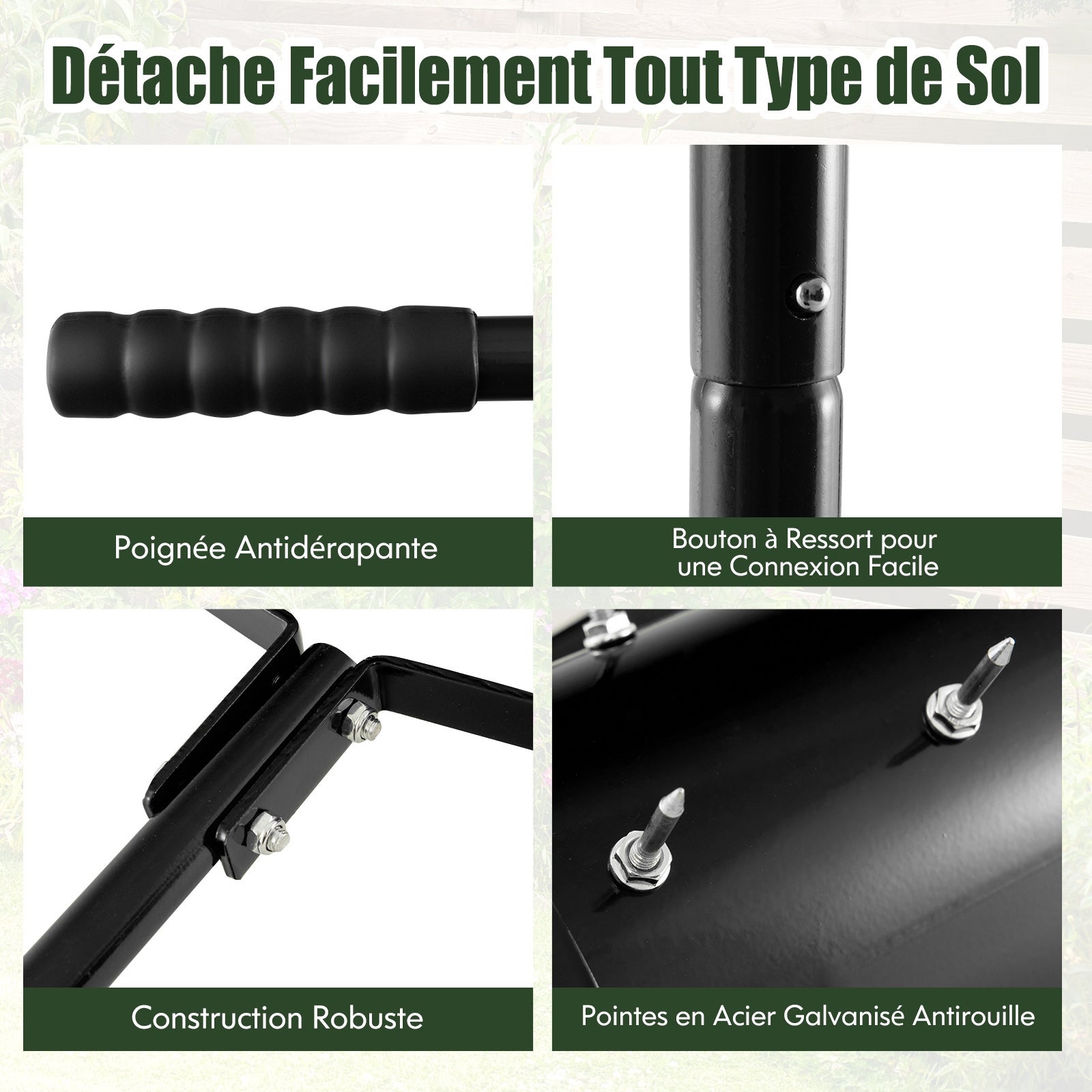 Aérateur à Gazon Roulant de 44 cm, Scarificateur Manuel avec Poignée Amovible de 128 cm Pointes de Dents pour Ameublir Sol, Aération de l'Herbe, Noir - 2