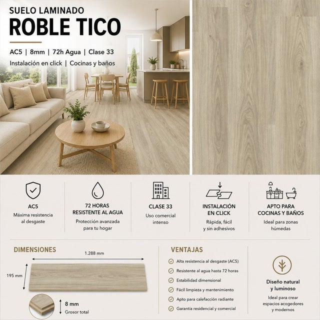 Arquiservi - Piso Laminado AC5 8mm Sem bisel (28,49 m²) Piso resistente, fácil instalação. Carvalho Tico