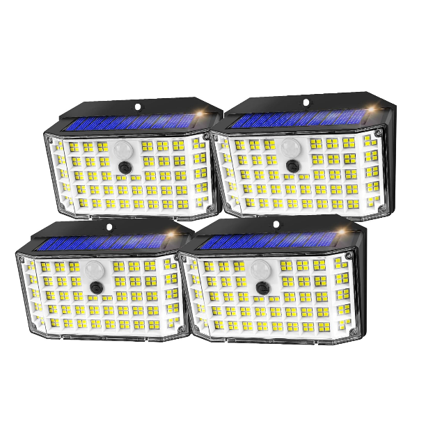 Solarna zewnętrzna lampa ogrodowa z czujnikiem ruchu, 176 LED, zestaw 4, czujnik IP65, 270°, 3 tryby, solarne reflektory zewnętrzne