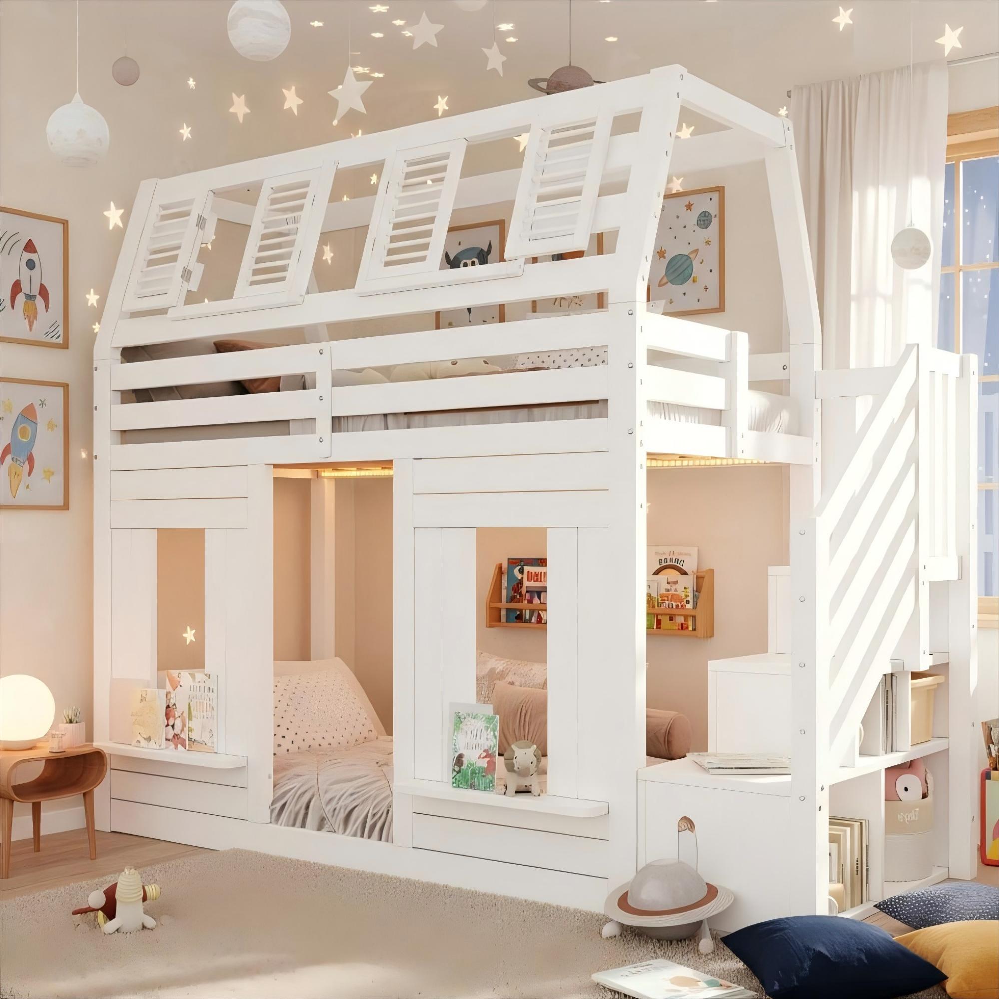 Łóżko piętrowe 90 x 200 cm ze schodkami do przechowywania i oknem - Drewno lite + MDF - Diody LED - Białe (materac nie jest wliczony w cenę)