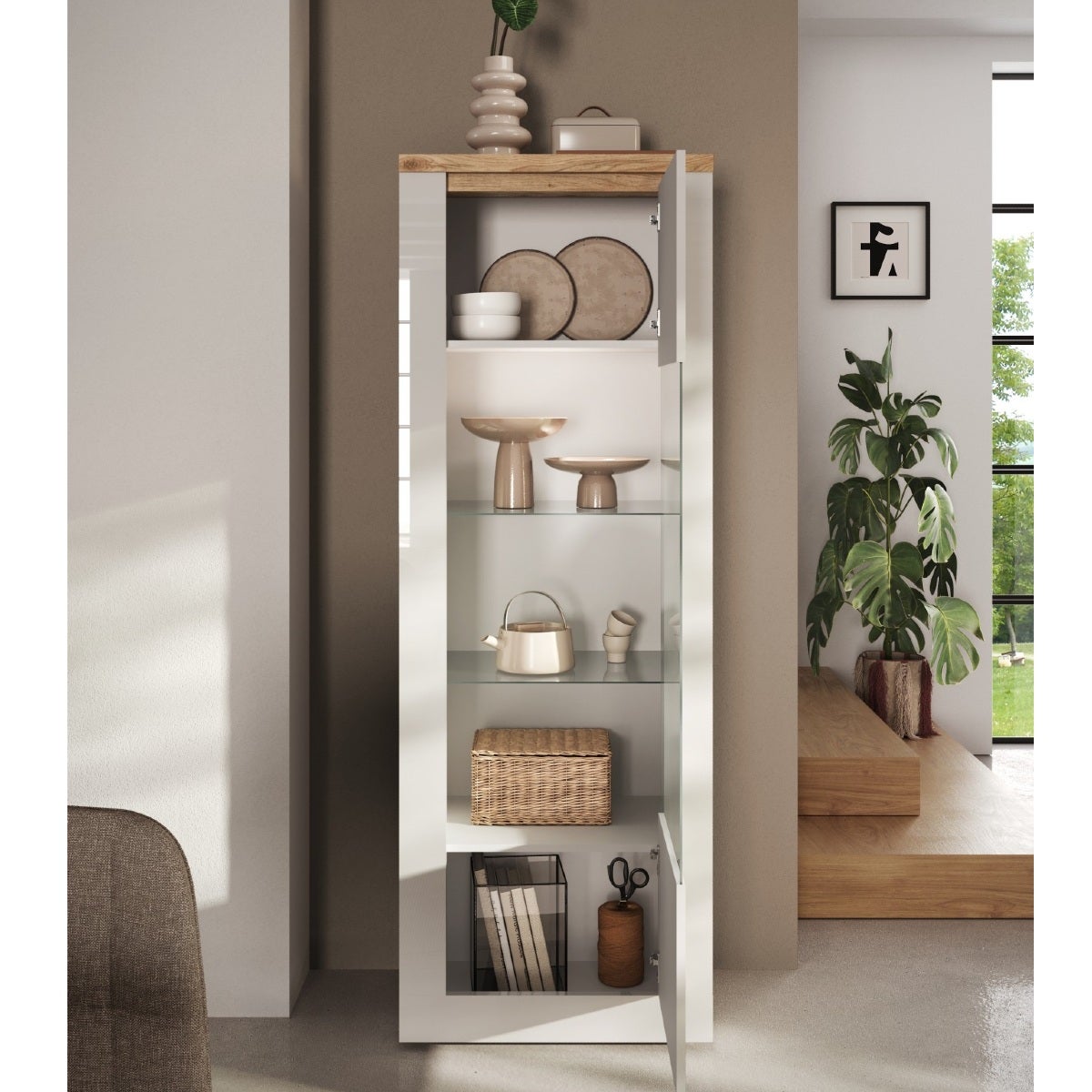 Vitrine moderne 1 porte laqué blanc et bois + led ARIA - 4