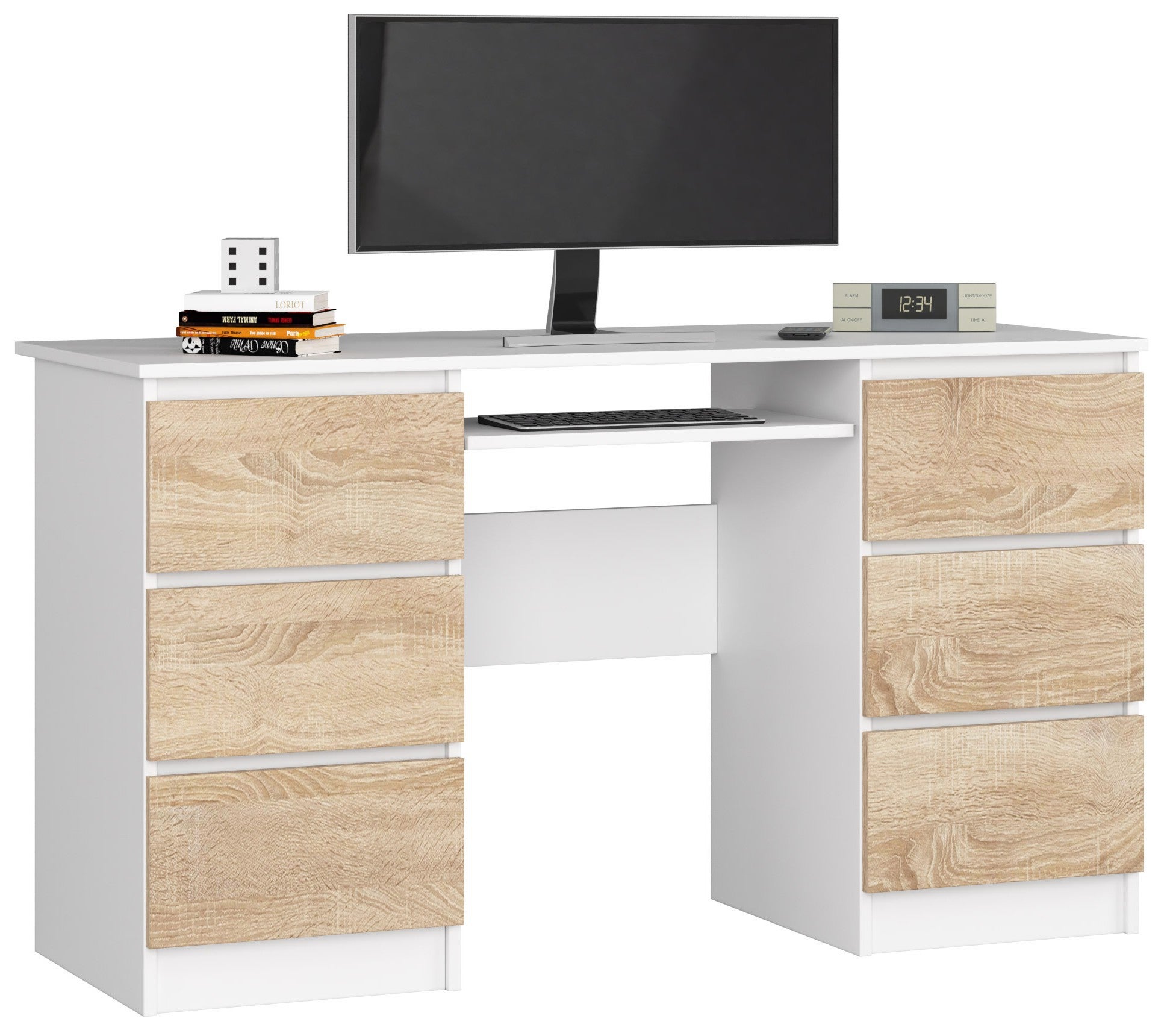 Biurko komputerowe AKORD A11 Białe 135 cm 6 szuflad kolor Dąb Sonoma mat 135x50x77 cm