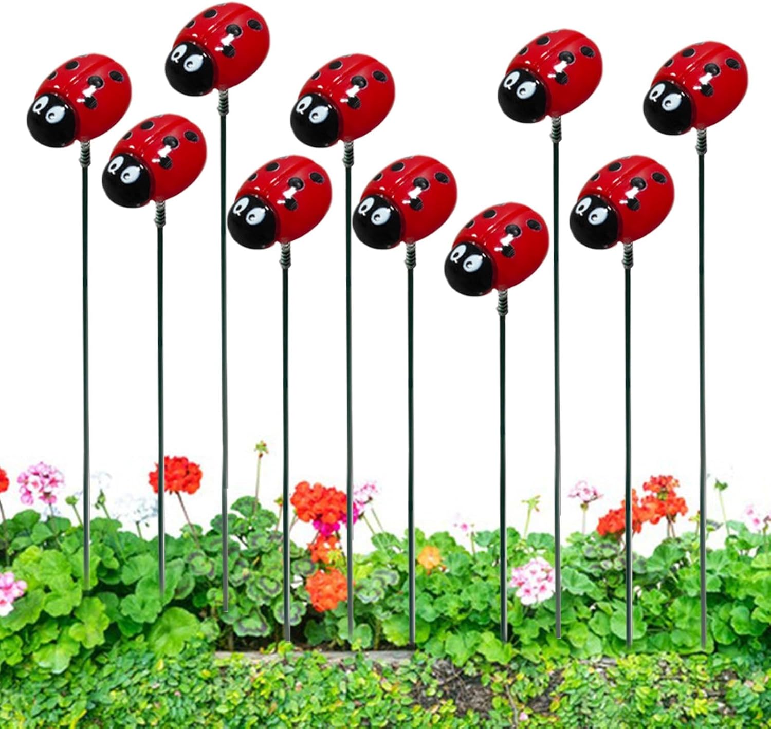 Zestaw 10 realistycznych palików dekoracyjnych w kształcie biedronki do użytku na zewnątrz, na trawniku, podjeździe, patio, podwórku