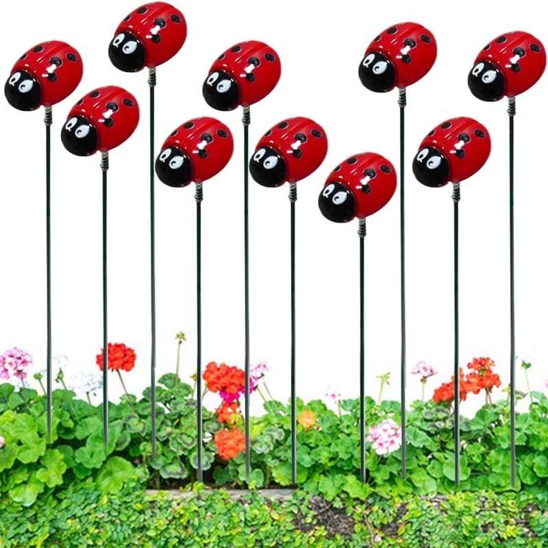 Zestaw 10 realistycznych palików dekoracyjnych w kształcie biedronki do użytku na zewnątrz, na trawniku, podjeździe, patio, podwórku