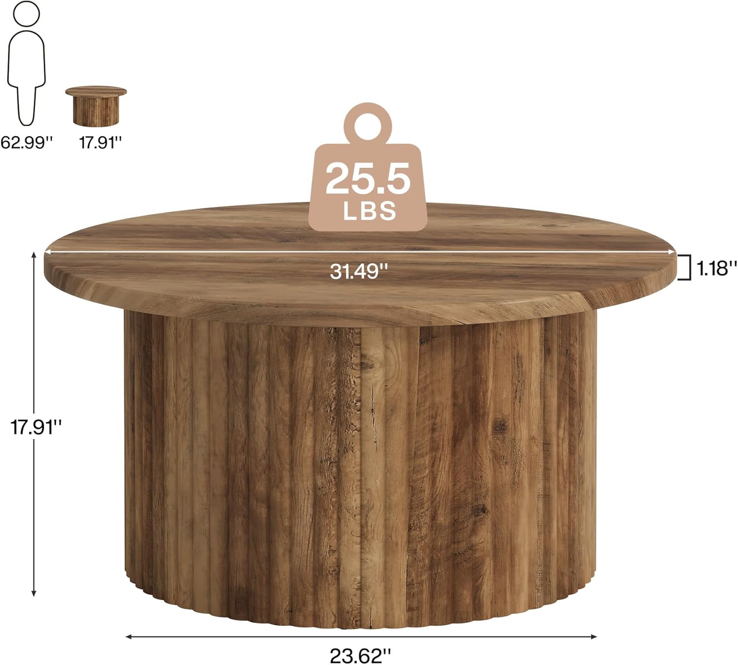 Tribesigns 80 cm Okrągły stolik kawowy,z akcentami drewnianymi, sofa, stolik pomocniczy do salonu, domowe biuro, słoje drewna - 3