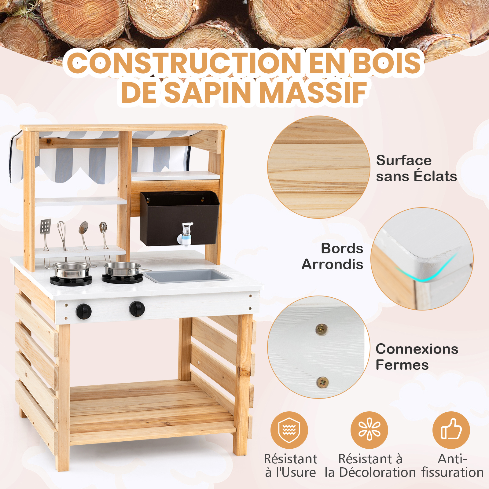 Cuisine Enfant Double Face avec Réservoir à Eau & Evier Amovible, Jeu de Cuisine en Bois avec Auvent & 6 Accessoires, pour 3 Ans+, Naturel - 5