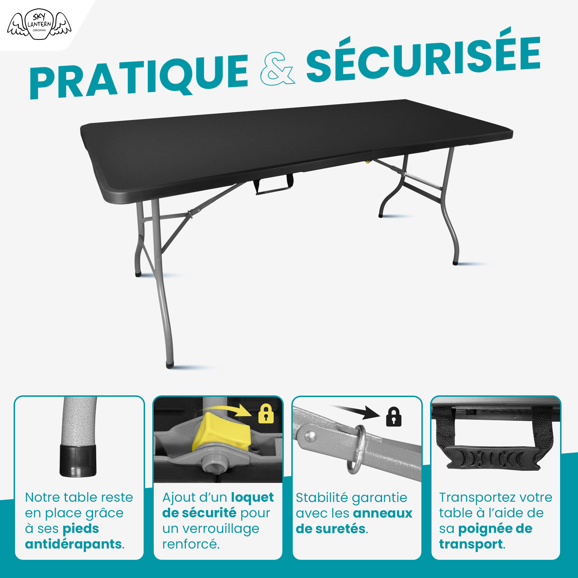 Table Pliante 180x74x74 cm Noire SKYLANTERN - 4